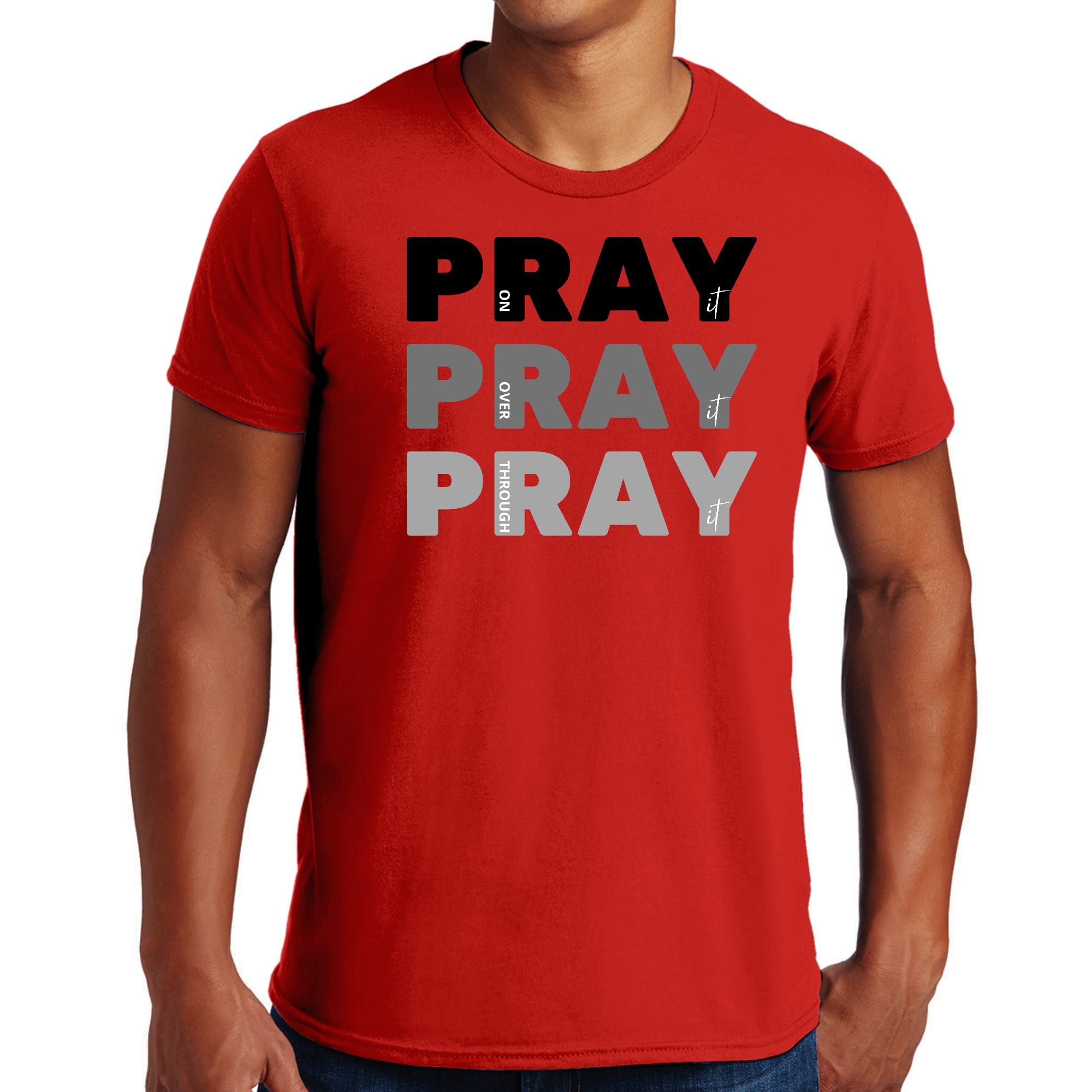 Men's black graphic T-shirt featuring 'Pray on it Over it Through it' inspirational print, made from soft preshrunk cotton.