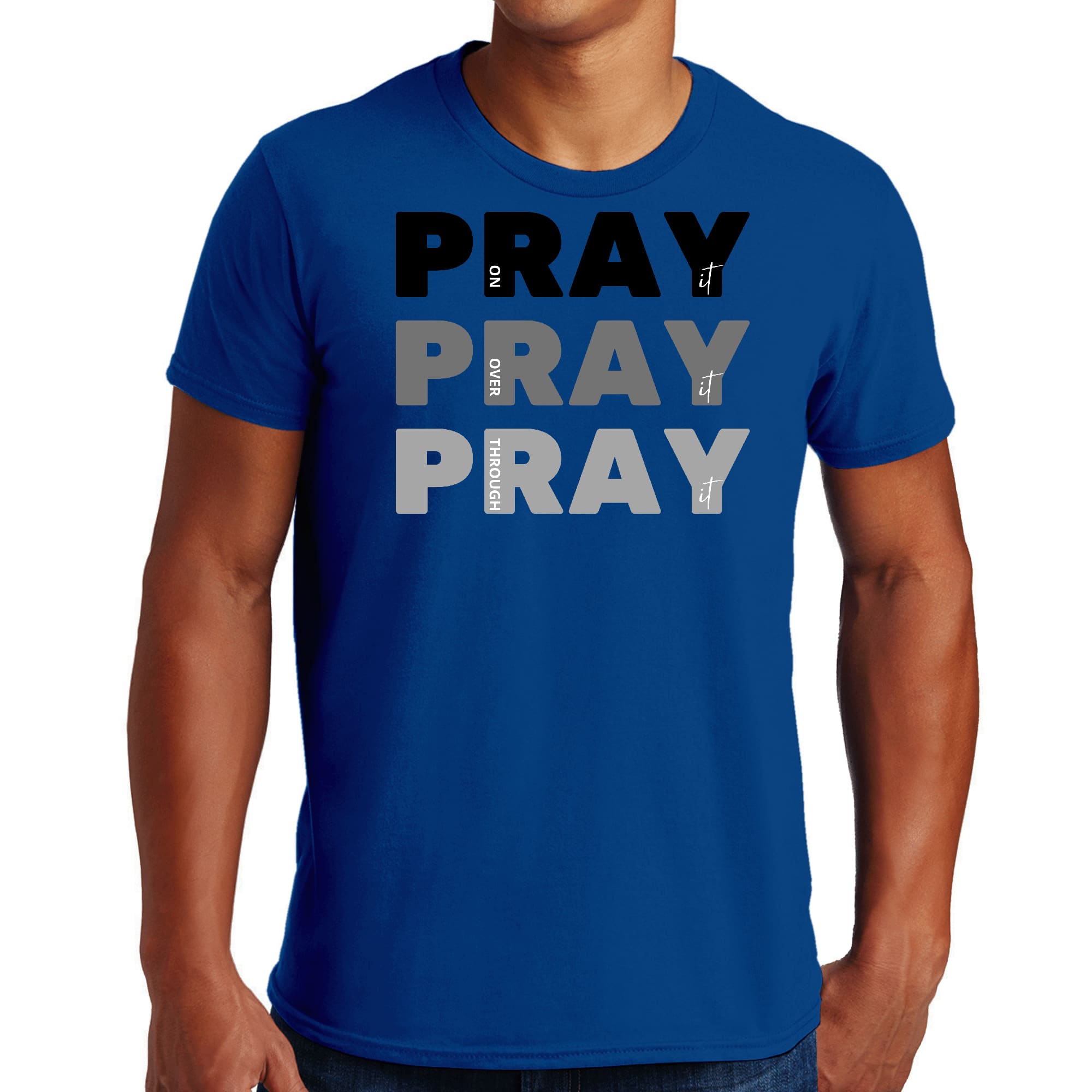 Men's black graphic T-shirt featuring 'Pray on it Over it Through it' inspirational print, made from soft preshrunk cotton.