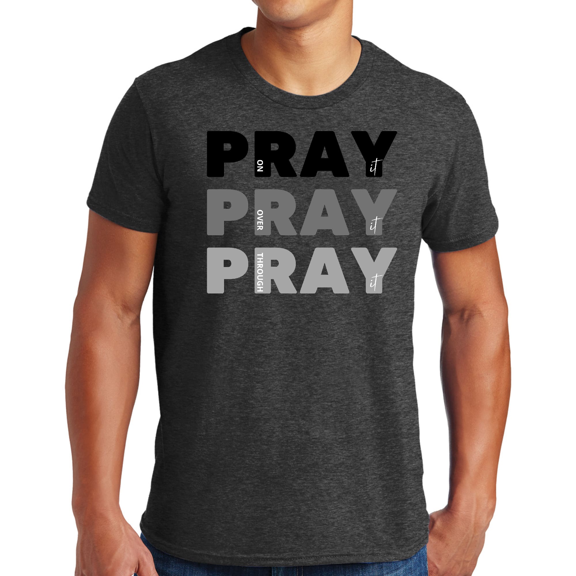 Men's black graphic T-shirt featuring 'Pray on it Over it Through it' inspirational print, made from soft preshrunk cotton.