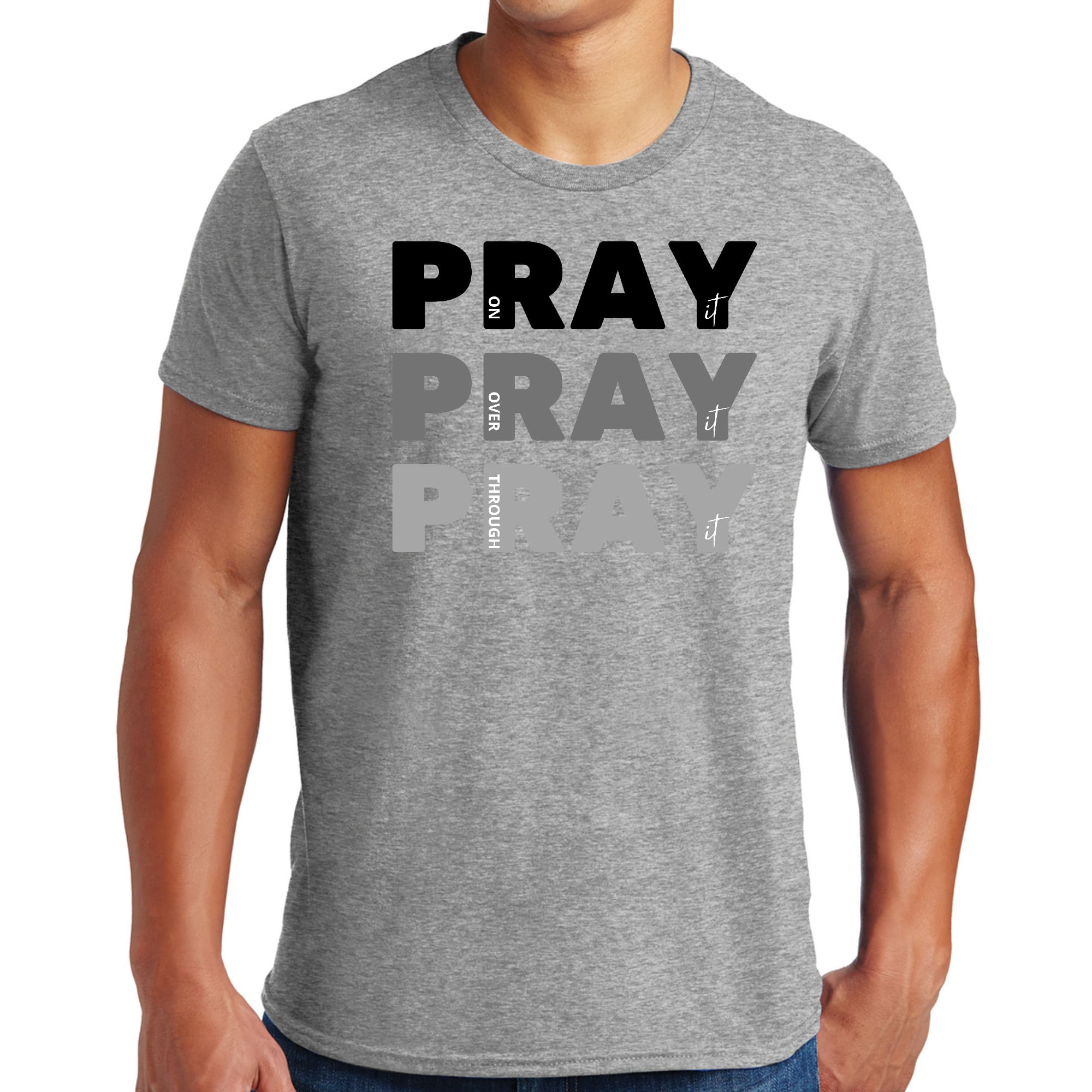 Men's black graphic T-shirt featuring 'Pray on it Over it Through it' inspirational print, made from soft preshrunk cotton.