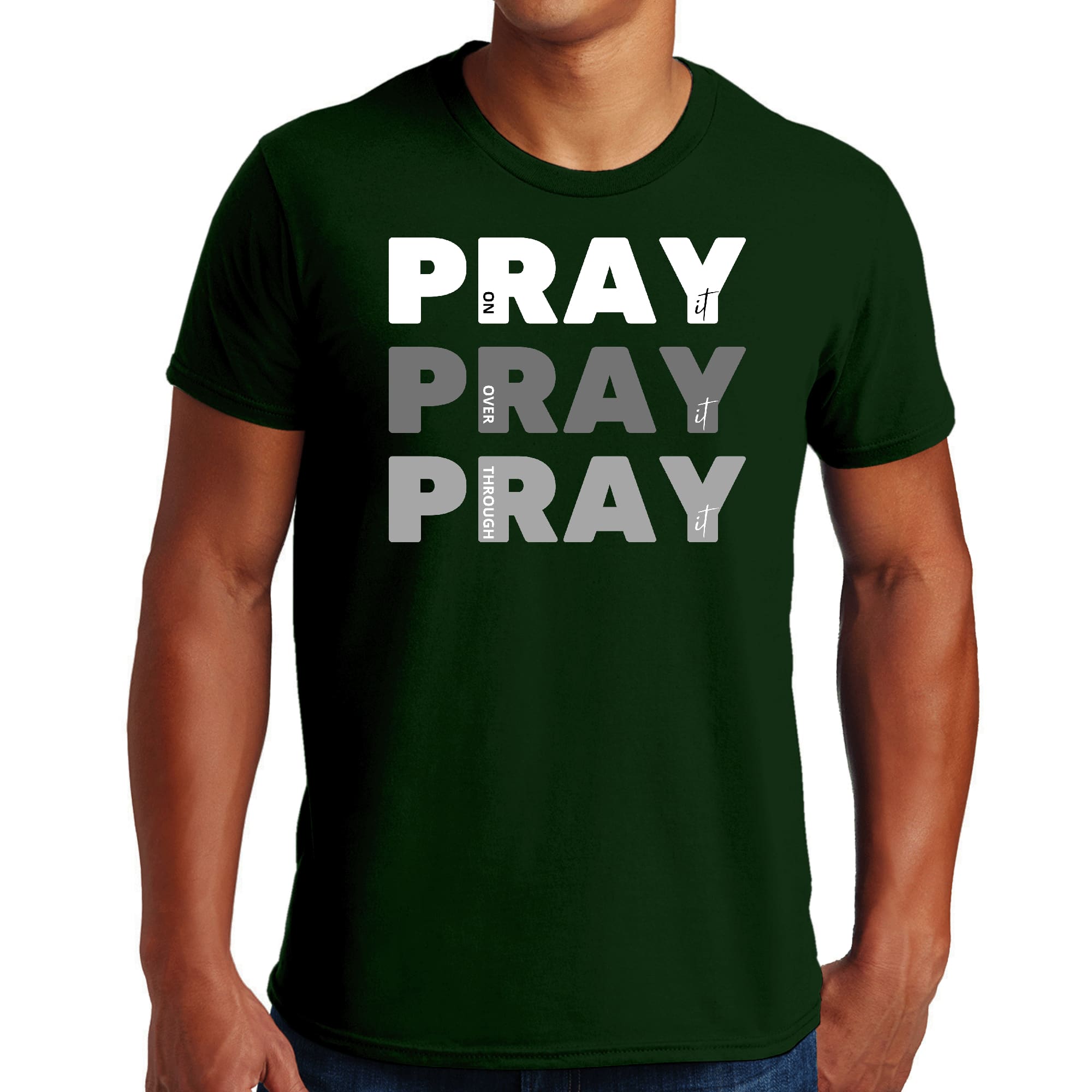 Men's Graphic T-shirt featuring the phrase 'Pray on it Over it Through' in a stylish design, made from soft preshrunk cotton.