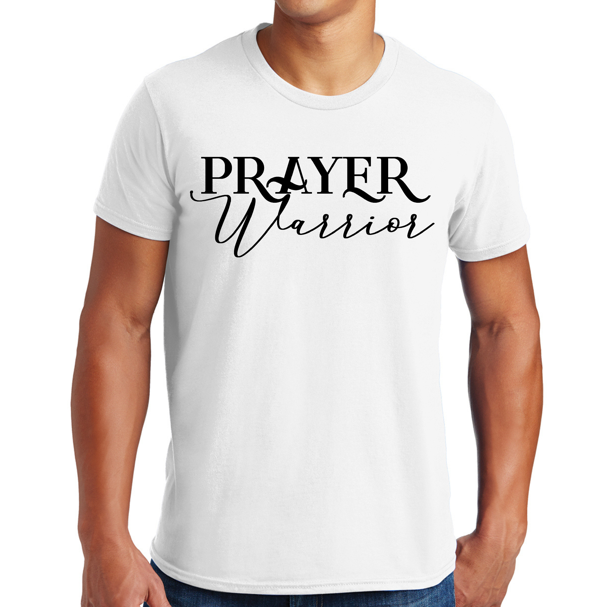 Men's black graphic t-shirt featuring Prayer Warrior script illustration, showcasing a stylish and comfortable design.