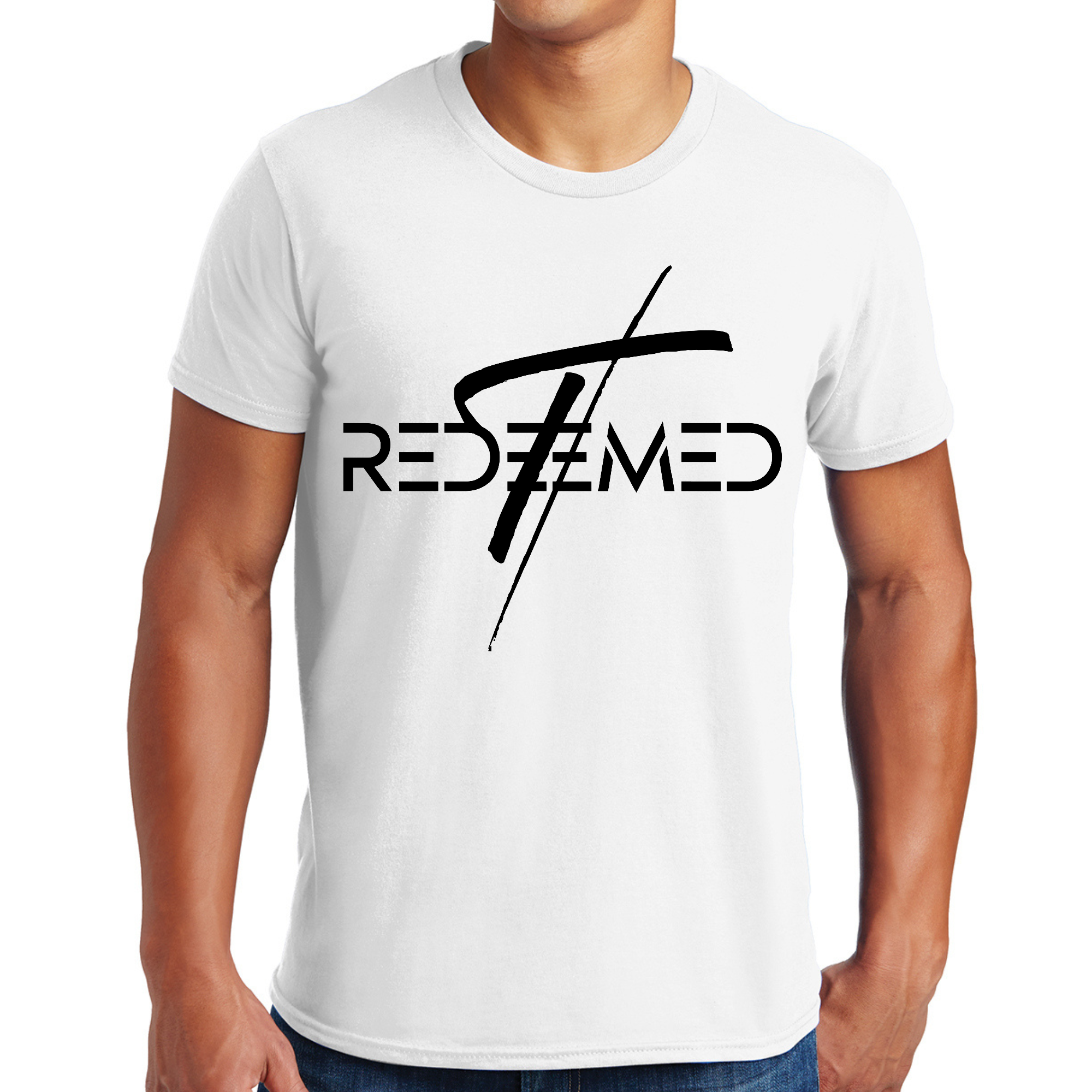 Men's black graphic T-shirt featuring a Redeemed Cross illustration, made from soft preshrunk cotton for comfort.