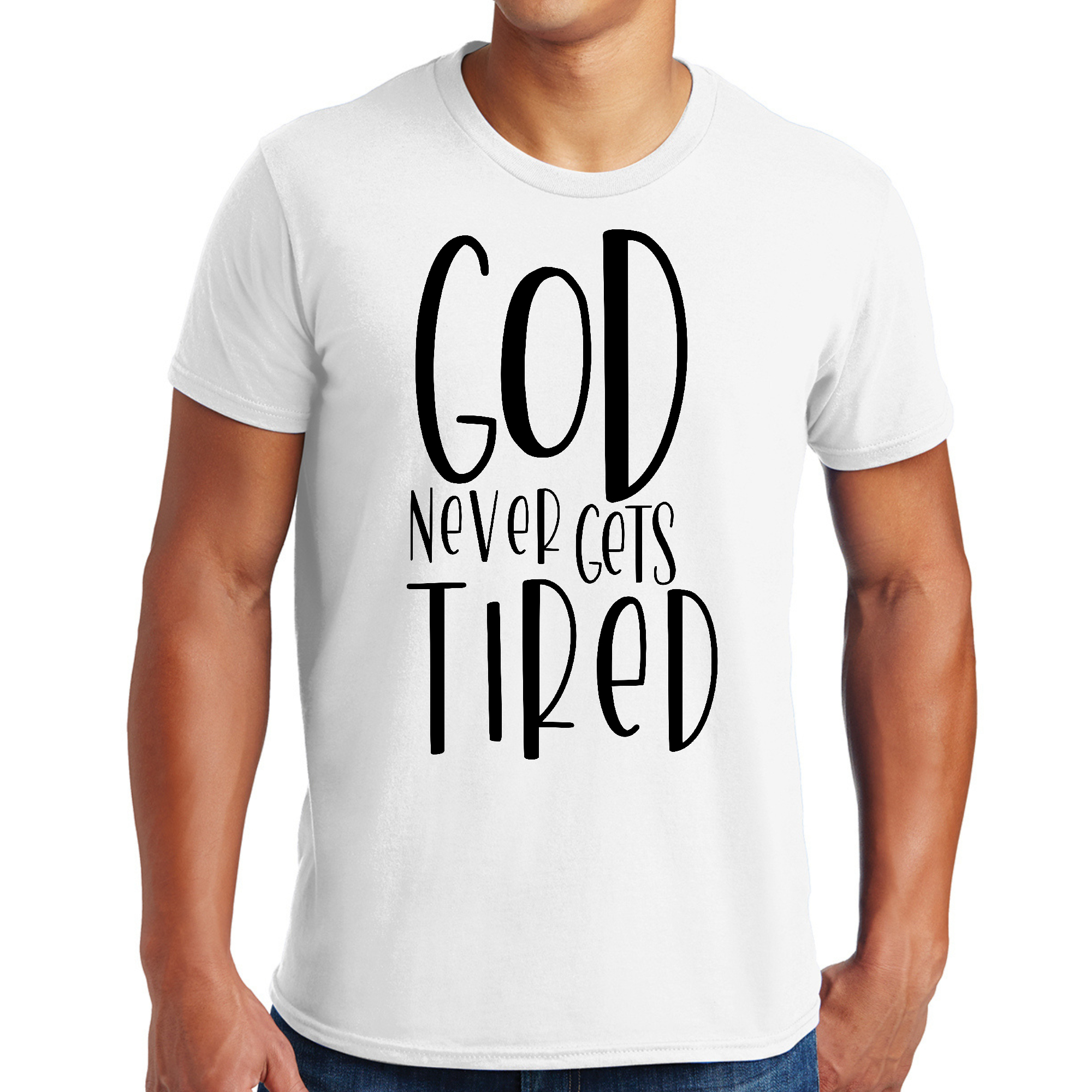 Mens black graphic t-shirt featuring the phrase 'God Never Gets Tired' with a stylish design, perfect for creative individuals.