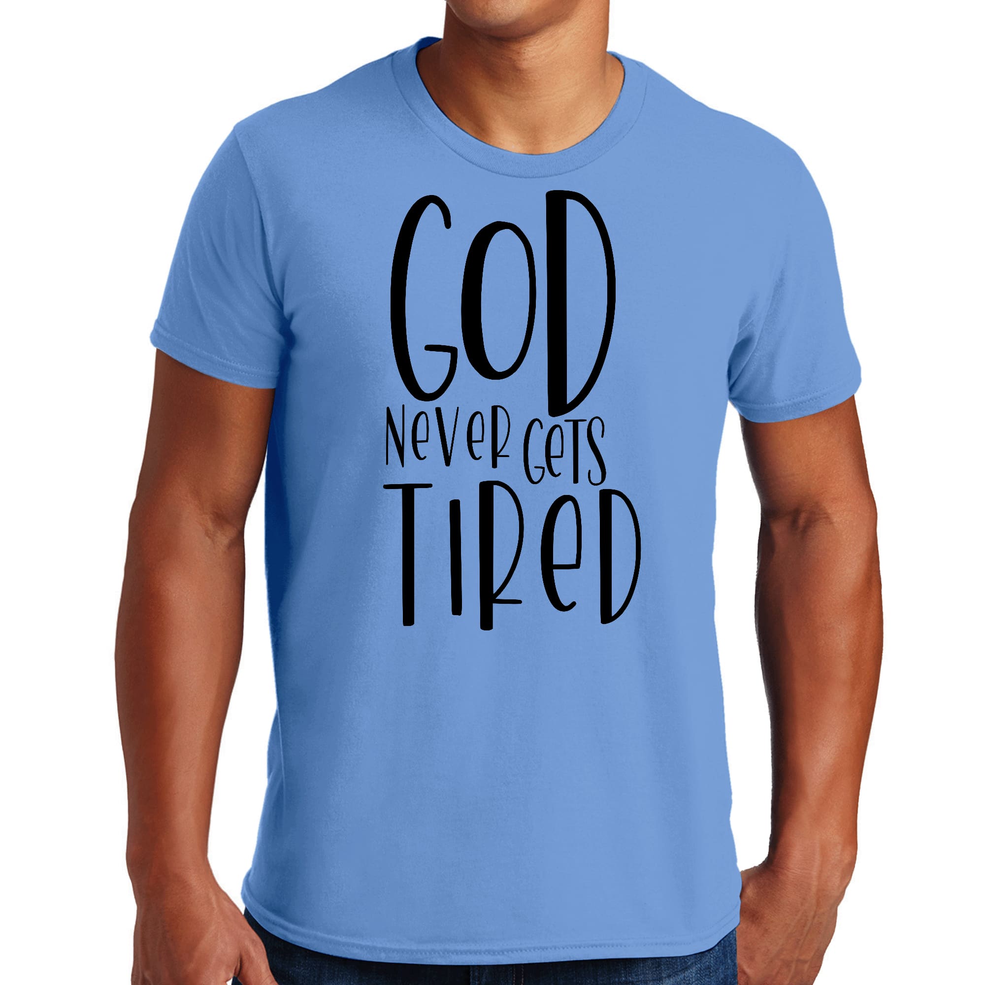 Mens black graphic t-shirt featuring the phrase 'God Never Gets Tired' with a stylish design, perfect for creative individuals.