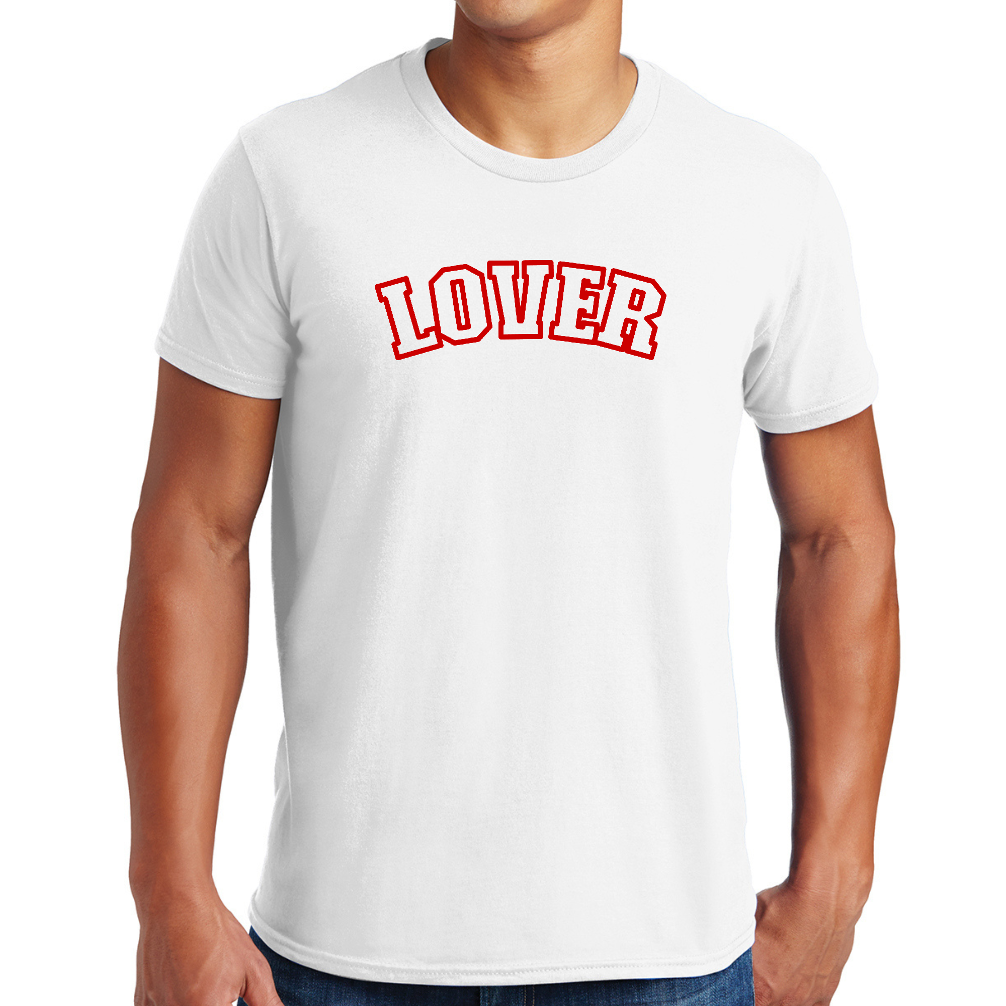 Mens Graphic T-shirt in red featuring the phrase 'Say it Soul Lover' with bold artistic graphics, perfect for creative expression.