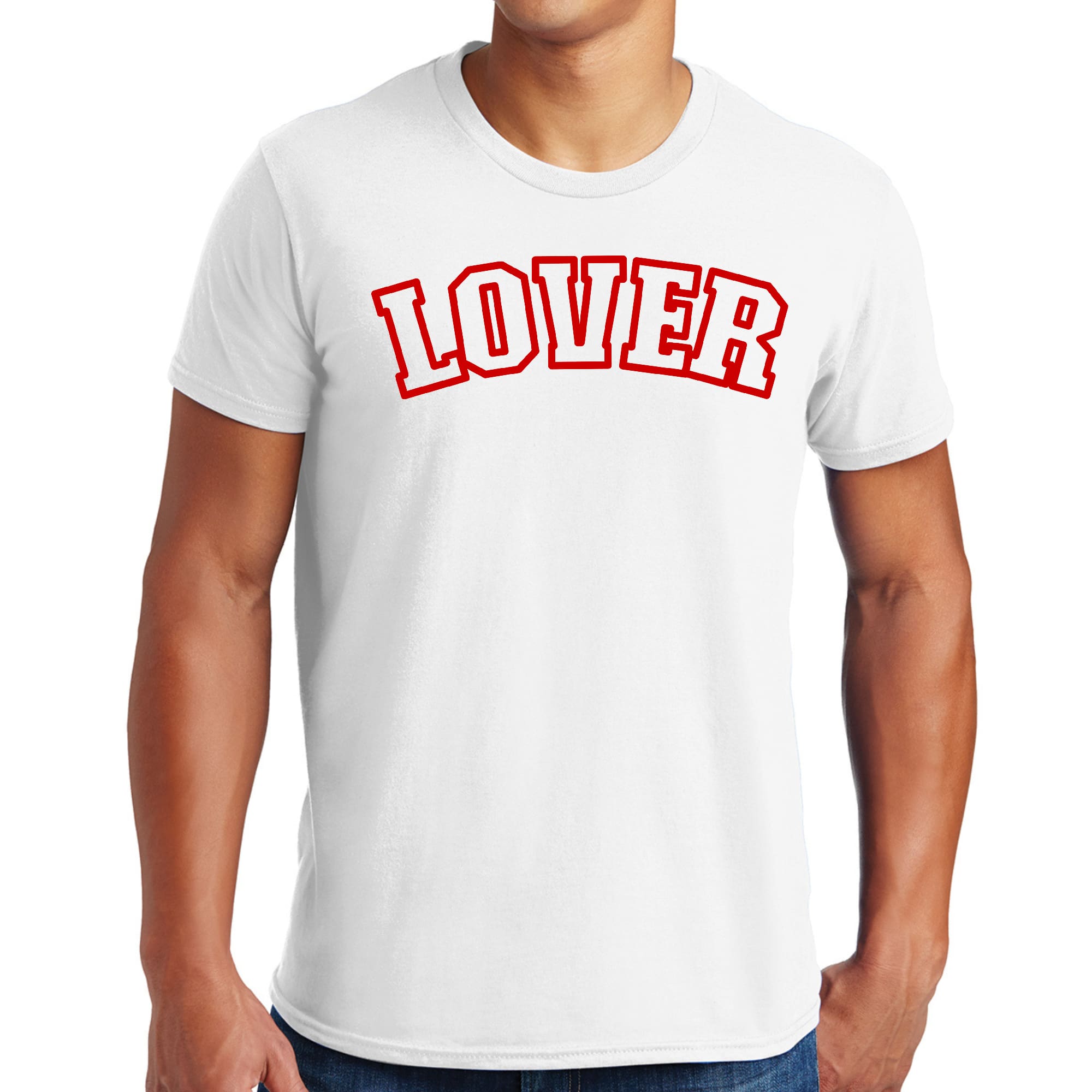 Mens Graphic T-shirt in red featuring the phrase 'Say it Soul Lover' with bold artistic graphics, perfect for creative expression.