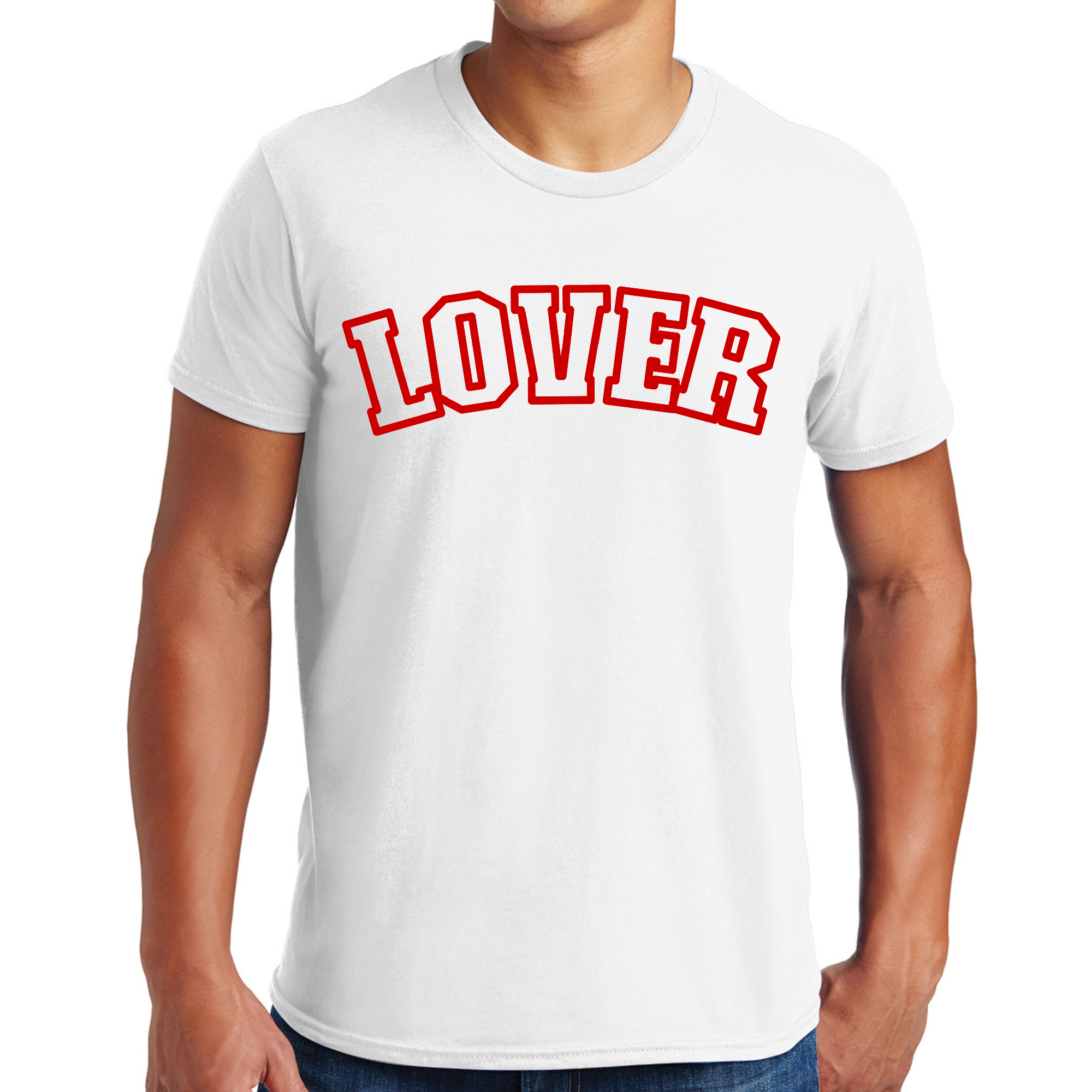 Mens red graphic t-shirt featuring 'Say it Soul Lover' design, showcasing a comfortable fit and soft cotton material.