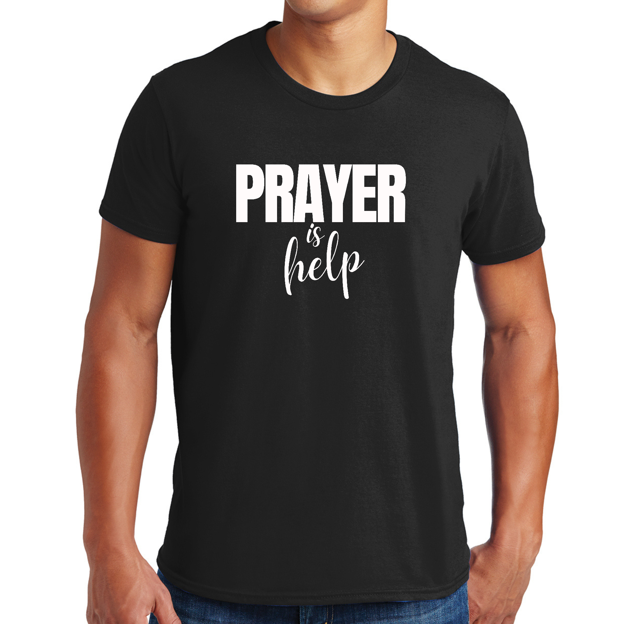 Mens Graphic T-shirt featuring the quote 'Prayer is Help' with a unique and artistic design, perfect for self-expression.