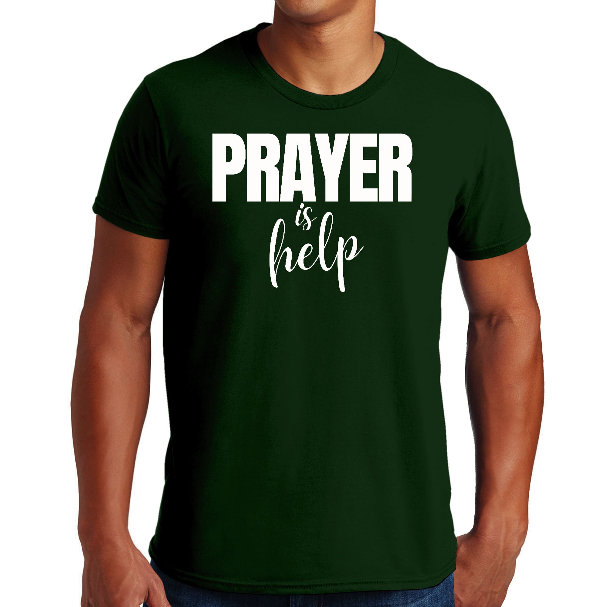 Mens Graphic T-shirt featuring the quote 'Prayer is Help' with a unique and artistic design, perfect for self-expression.