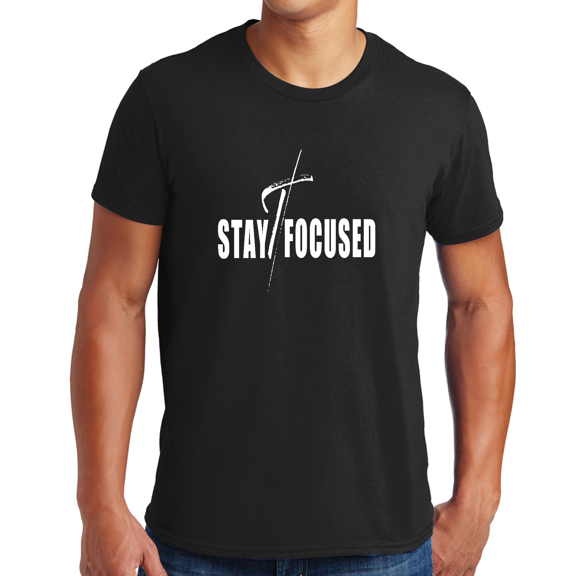 Mens Graphic T-shirt featuring a bold white print with the phrase 'Stay Focused', designed for creative individuals.