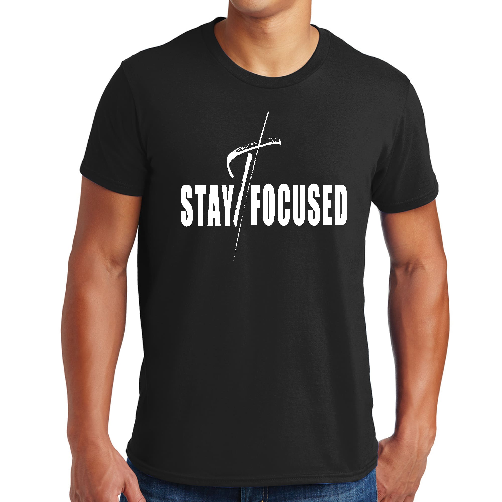 Mens Graphic T-shirt featuring a bold white print with the phrase 'Stay Focused', designed for creative individuals.