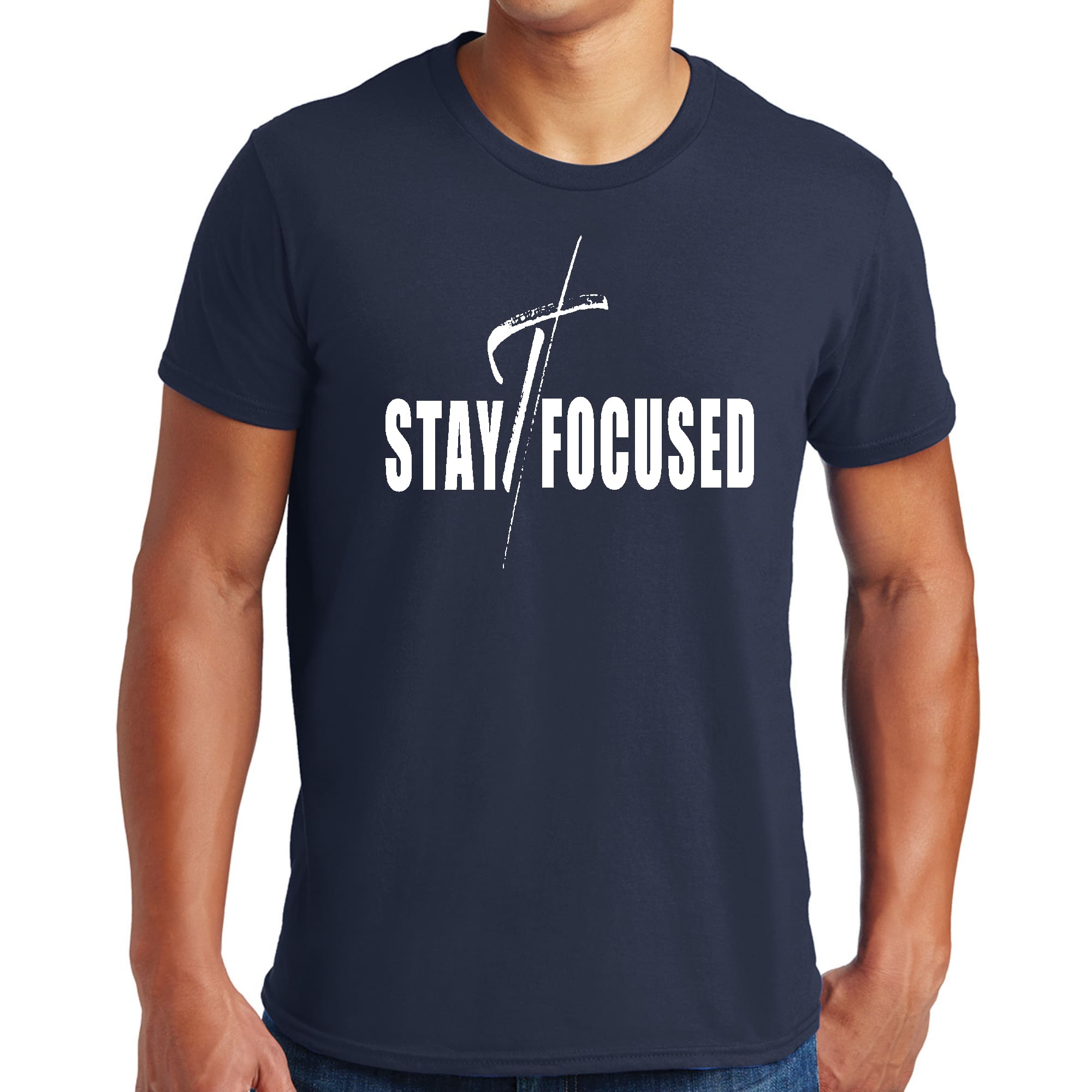 Mens Graphic T-shirt featuring a bold white print with the phrase 'Stay Focused', designed for creative individuals.