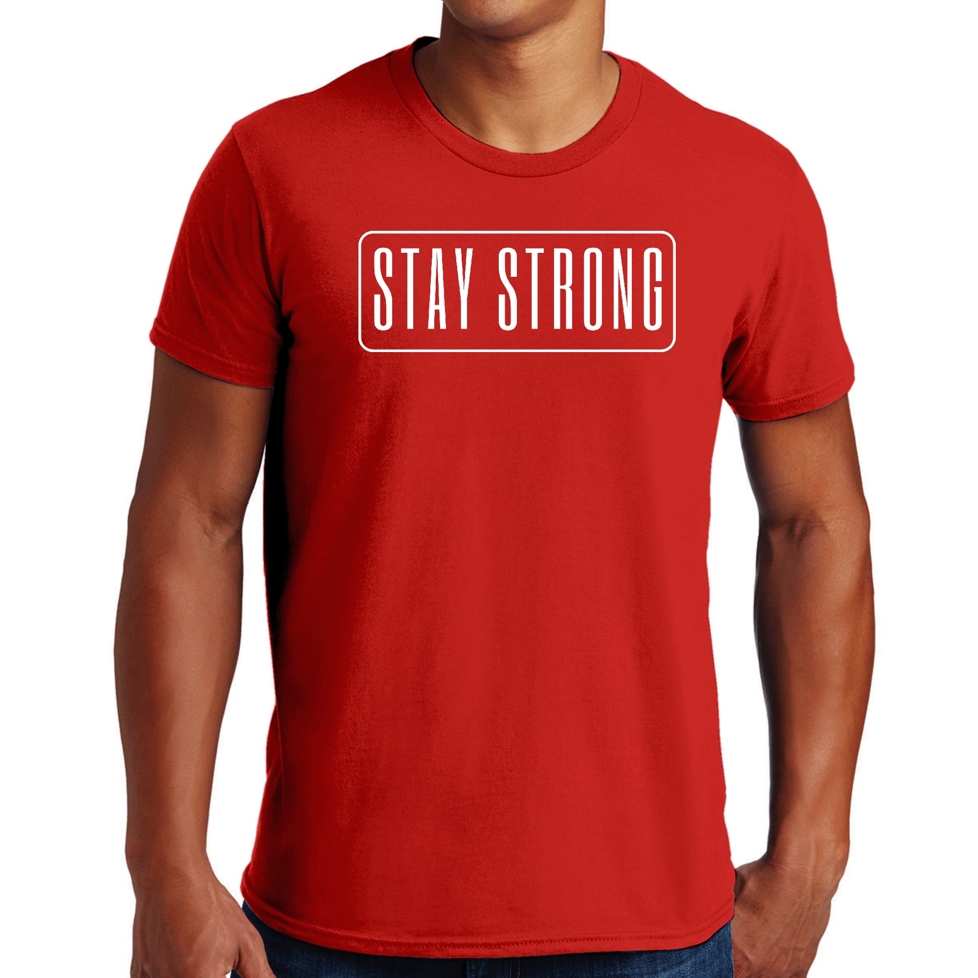 Men's Graphic T-shirt featuring a motivational 'Stay Strong' print, made from soft preshrunk cotton, available in unisex sizes S-5XL.