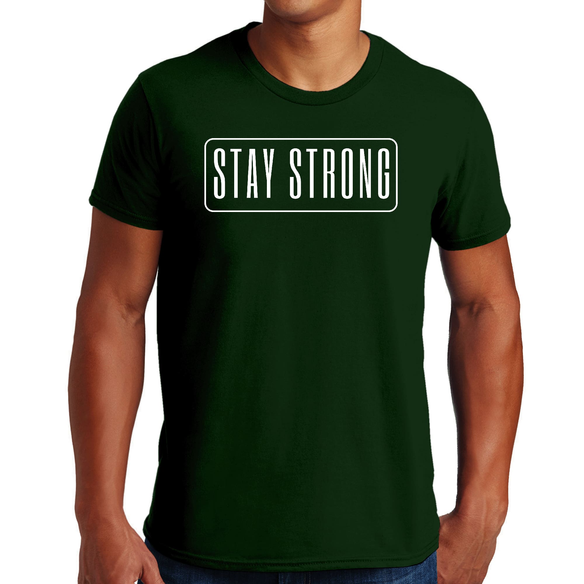 Men's Graphic T-shirt featuring a motivational 'Stay Strong' print, made from soft preshrunk cotton, available in unisex sizes S-5XL.