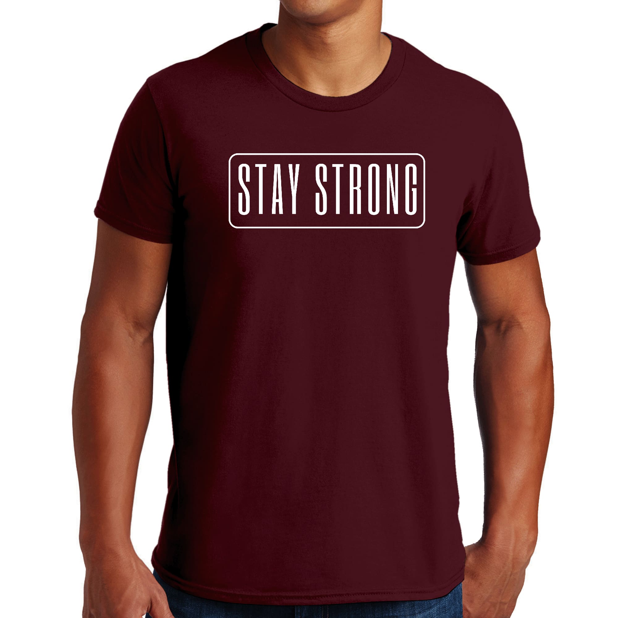 Men's Graphic T-shirt featuring a motivational 'Stay Strong' print, made from soft preshrunk cotton, available in unisex sizes S-5XL.