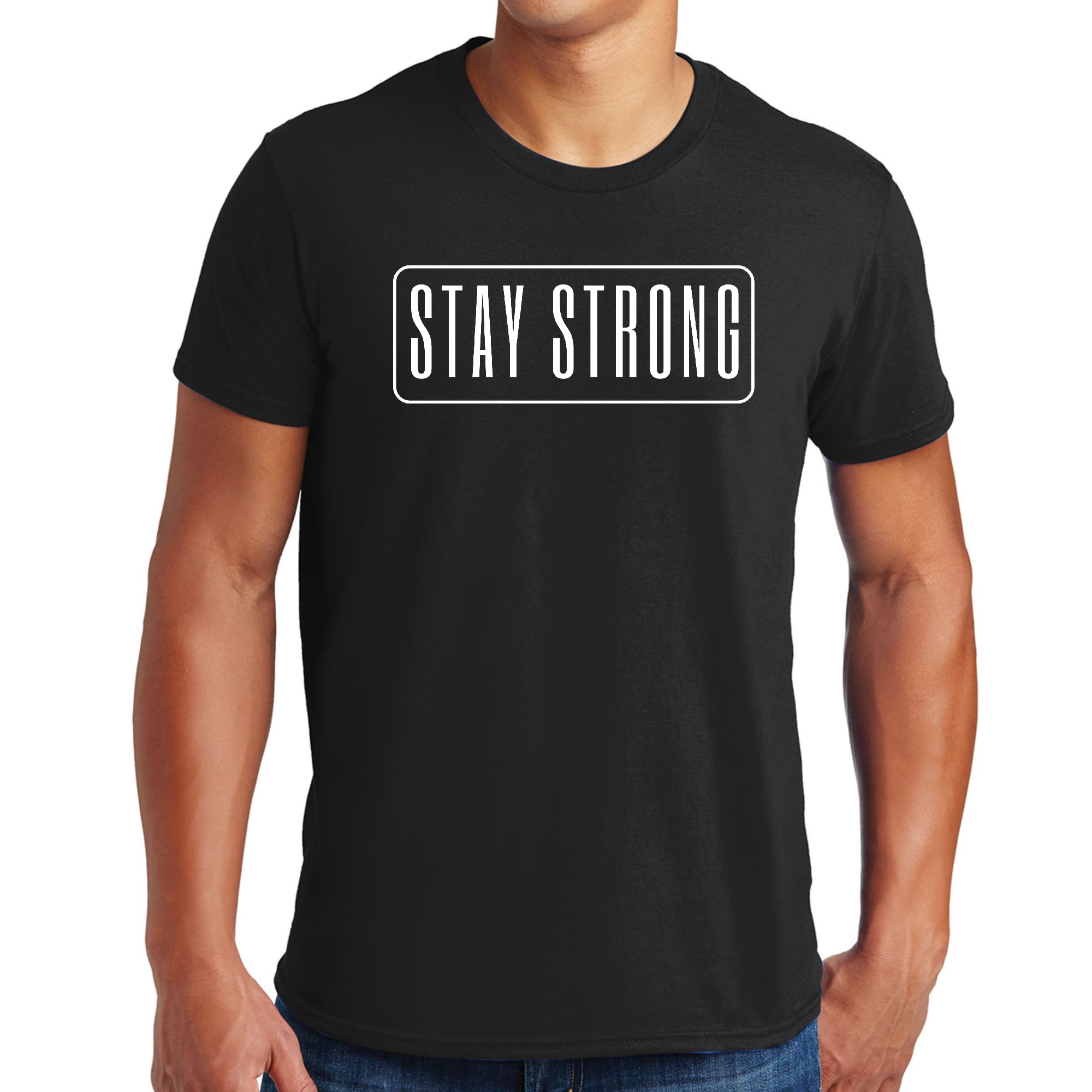 Men's Graphic T-shirt featuring a motivational 'Stay Strong' print, made from soft preshrunk cotton, available in unisex sizes S-5XL.