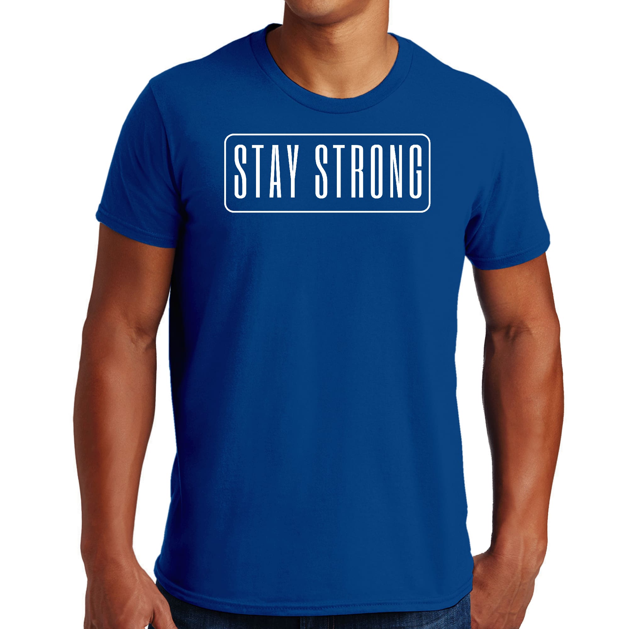 Men's Graphic T-shirt featuring a motivational 'Stay Strong' print, made from soft preshrunk cotton, available in unisex sizes S-5XL.