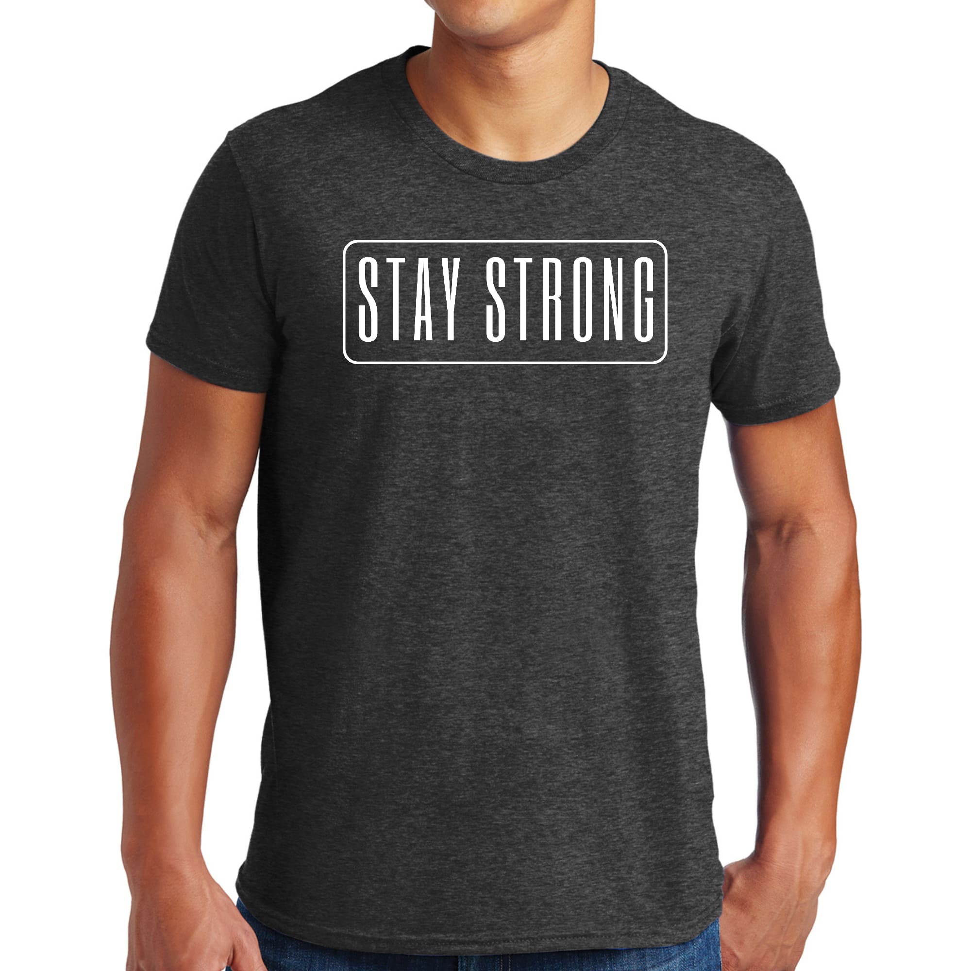 Men's Graphic T-shirt featuring a motivational 'Stay Strong' print, made from soft preshrunk cotton, available in unisex sizes S-5XL.