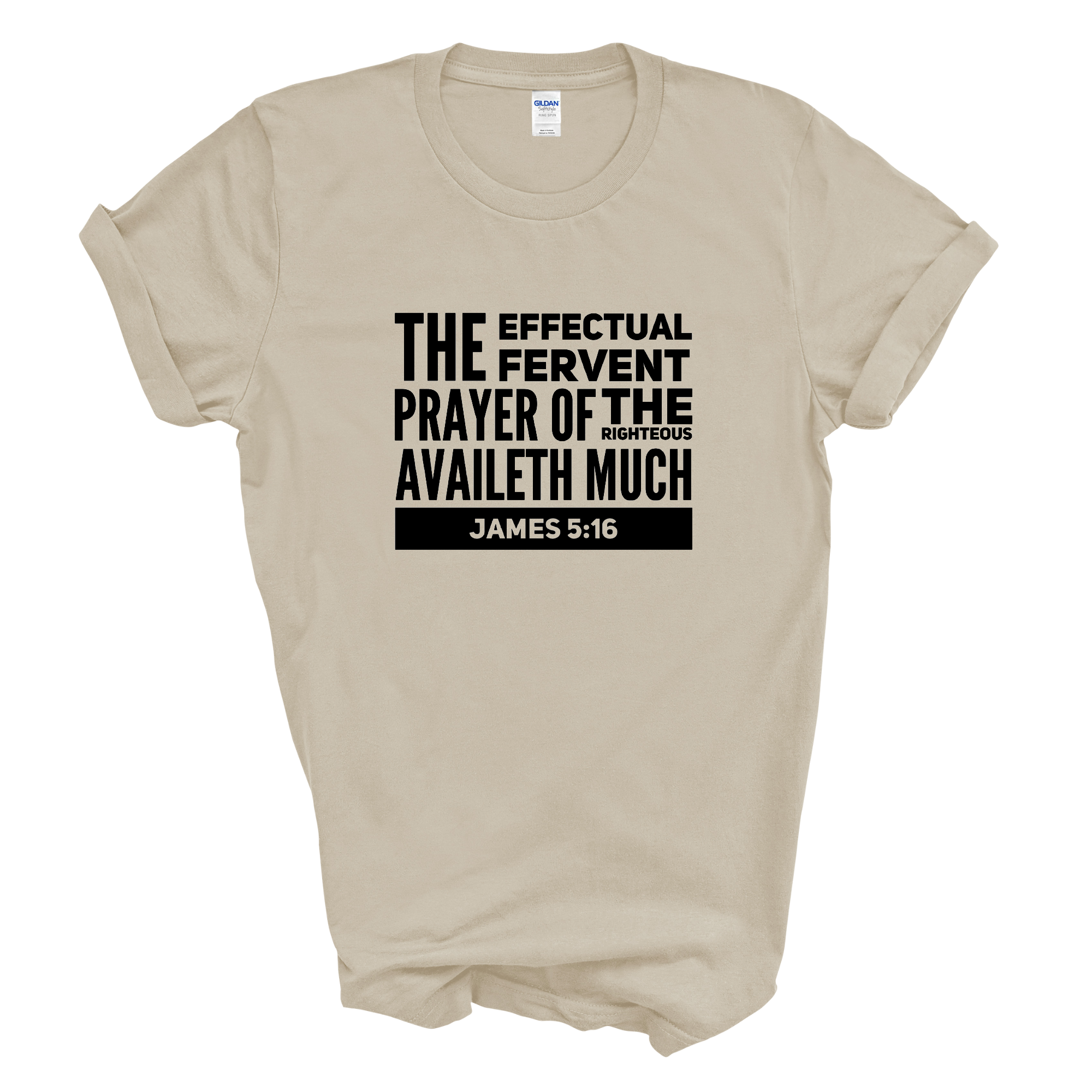 Men's black graphic t-shirt featuring the text 'The Effectual Fervent Prayer Of The Righteous Availeth Much' from James 5:16, showcasing a stylish and comfortable design.