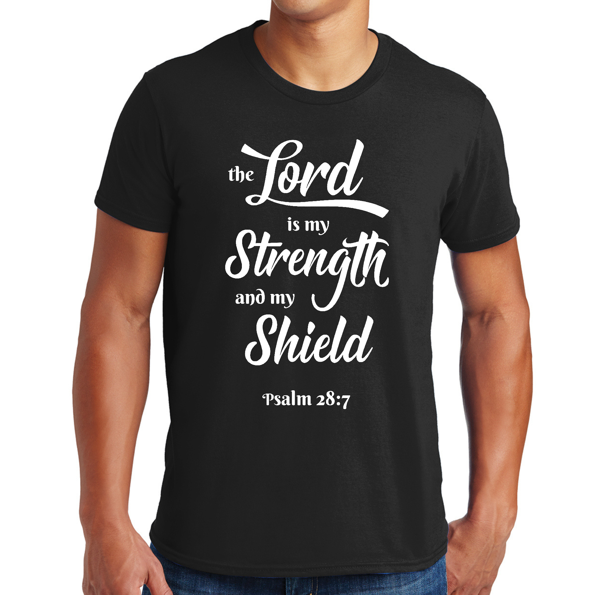 Men's Graphic T-shirt with white print saying 'The Lord is my Strength and my Shield', showcasing a modern and creative design.