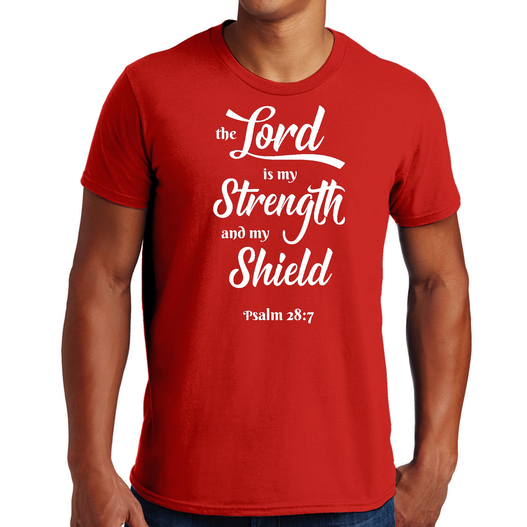 Men's Graphic T-shirt with white print saying 'The Lord is my Strength and my Shield', showcasing a modern and creative design.