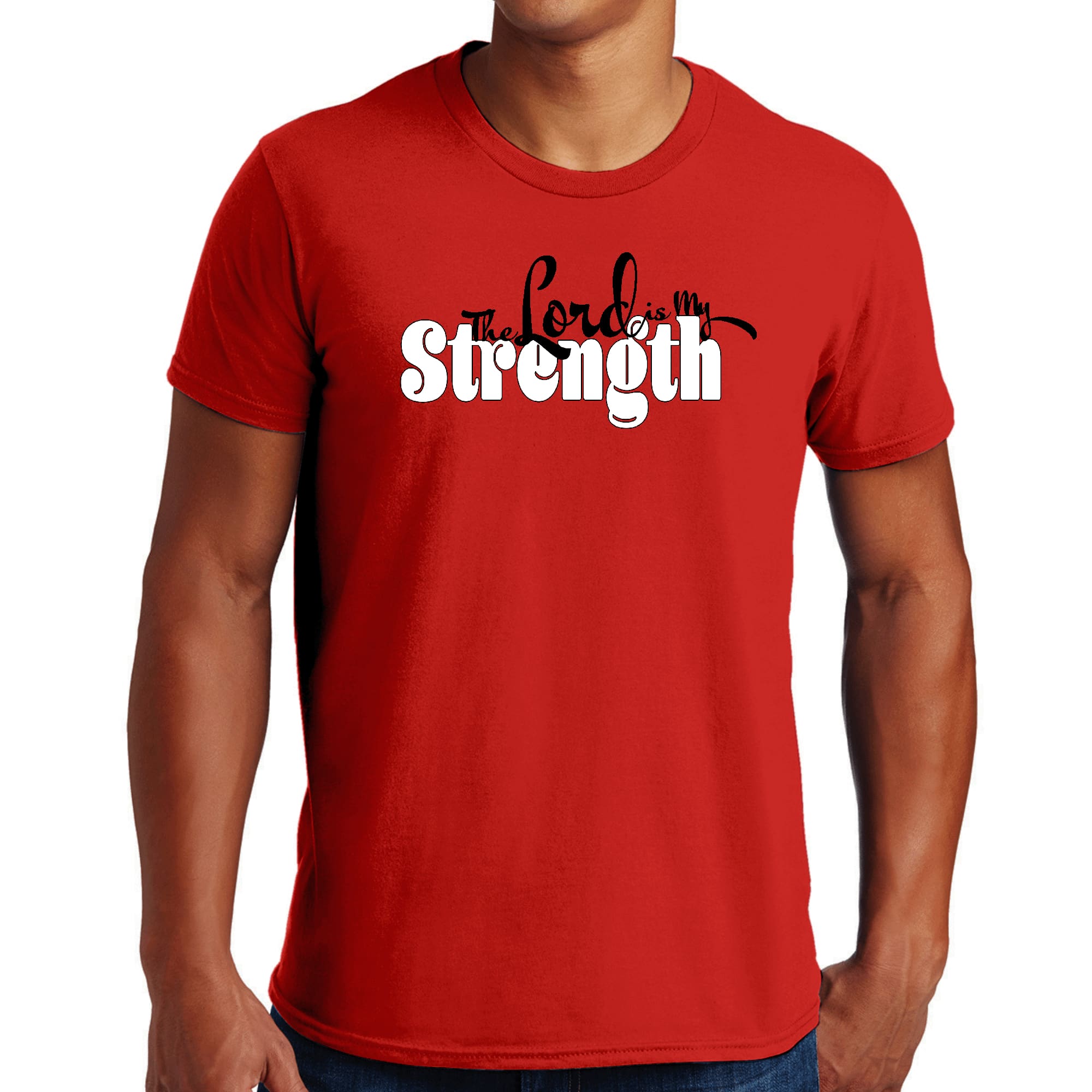 Men's black graphic t-shirt with 'The Lord is my Strength' print, showcasing a comfortable fit and stylish design.