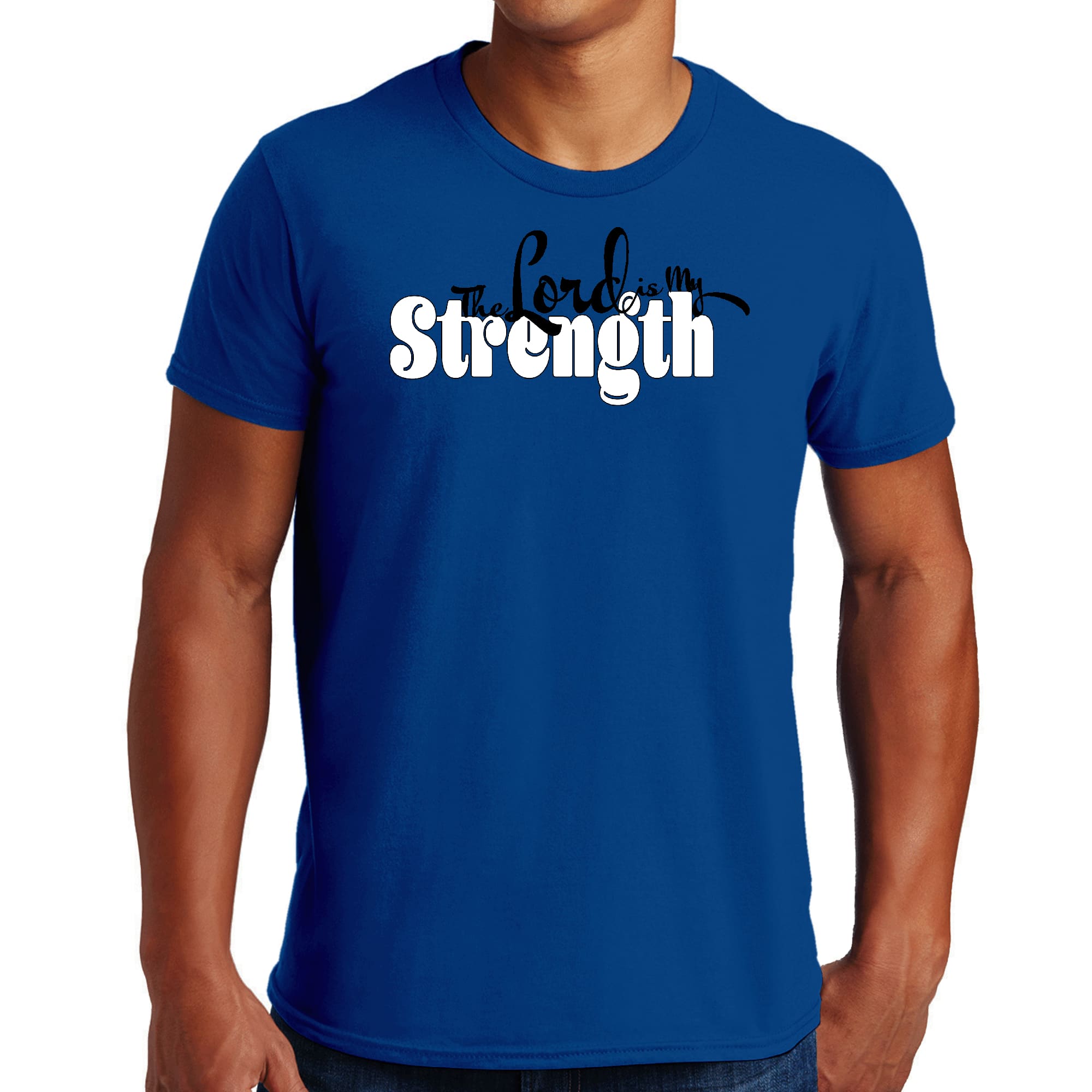 Men's black graphic t-shirt with 'The Lord is my Strength' print, showcasing a comfortable fit and stylish design.