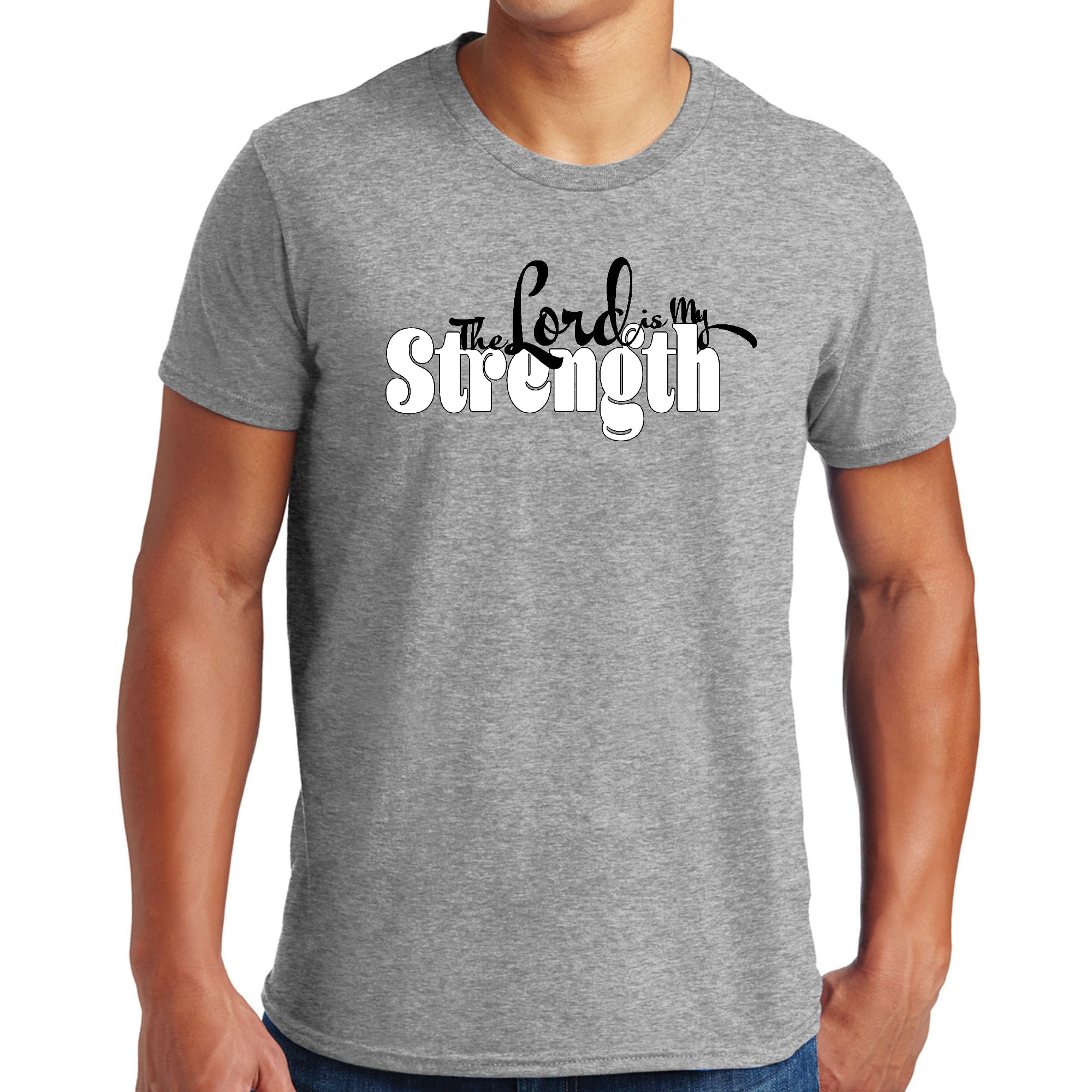 Men's black graphic t-shirt with 'The Lord is my Strength' print, showcasing a comfortable fit and stylish design.