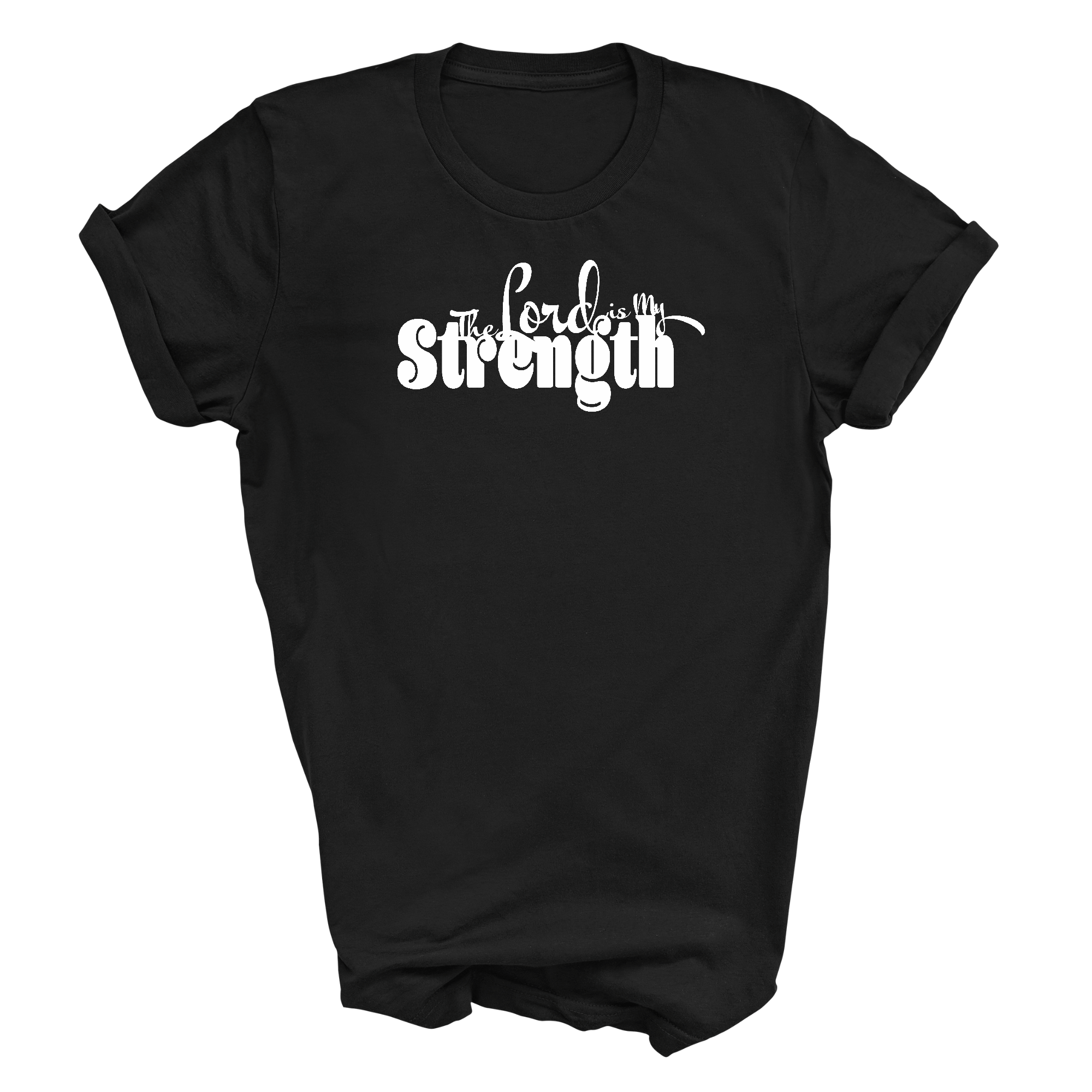 Men's Graphic T-shirt in black featuring 'The Lord is my Strength' print, made from soft preshrunk cotton with a classic fit.