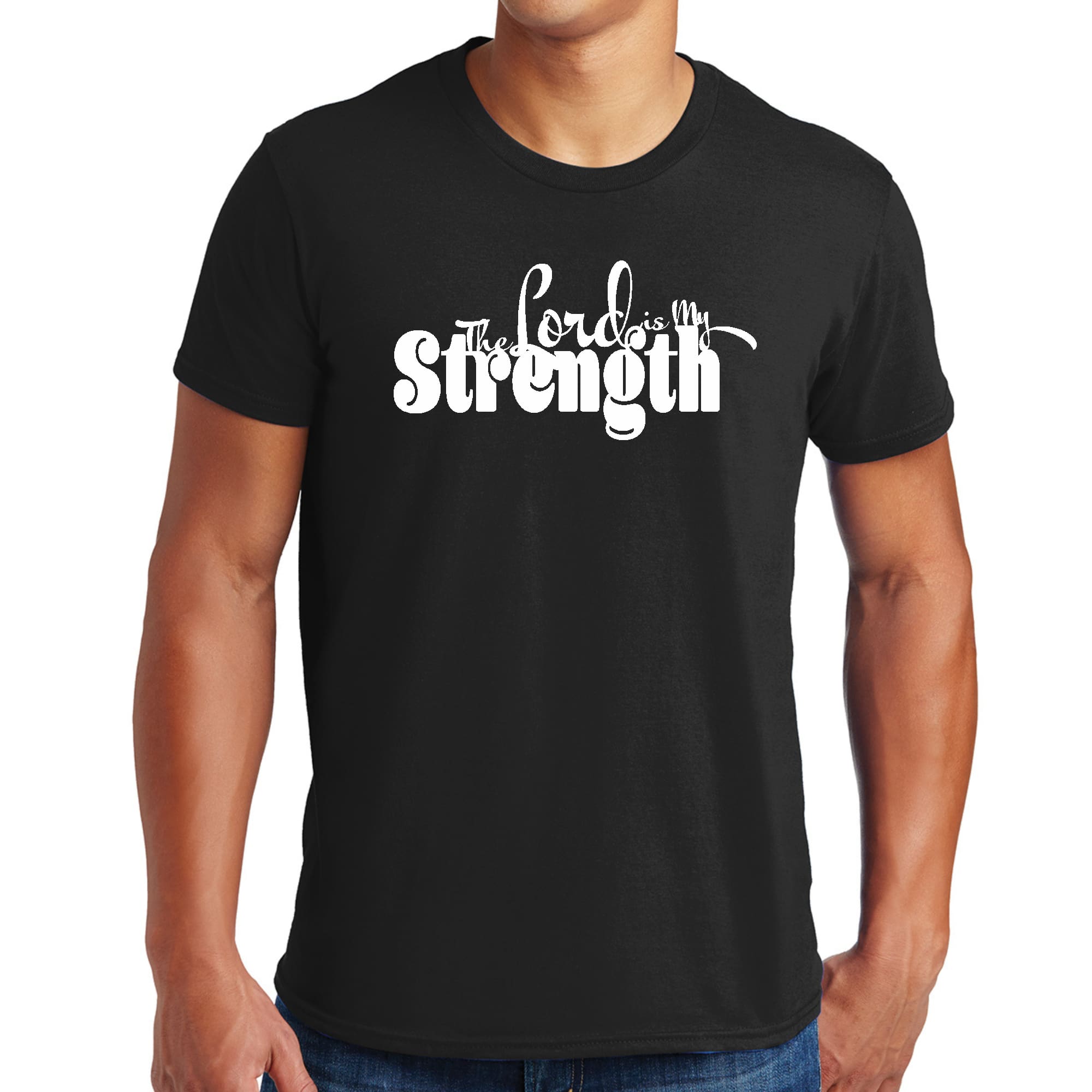 Men's Graphic T-shirt in black featuring 'The Lord is my Strength' print, made from soft preshrunk cotton with a classic fit.