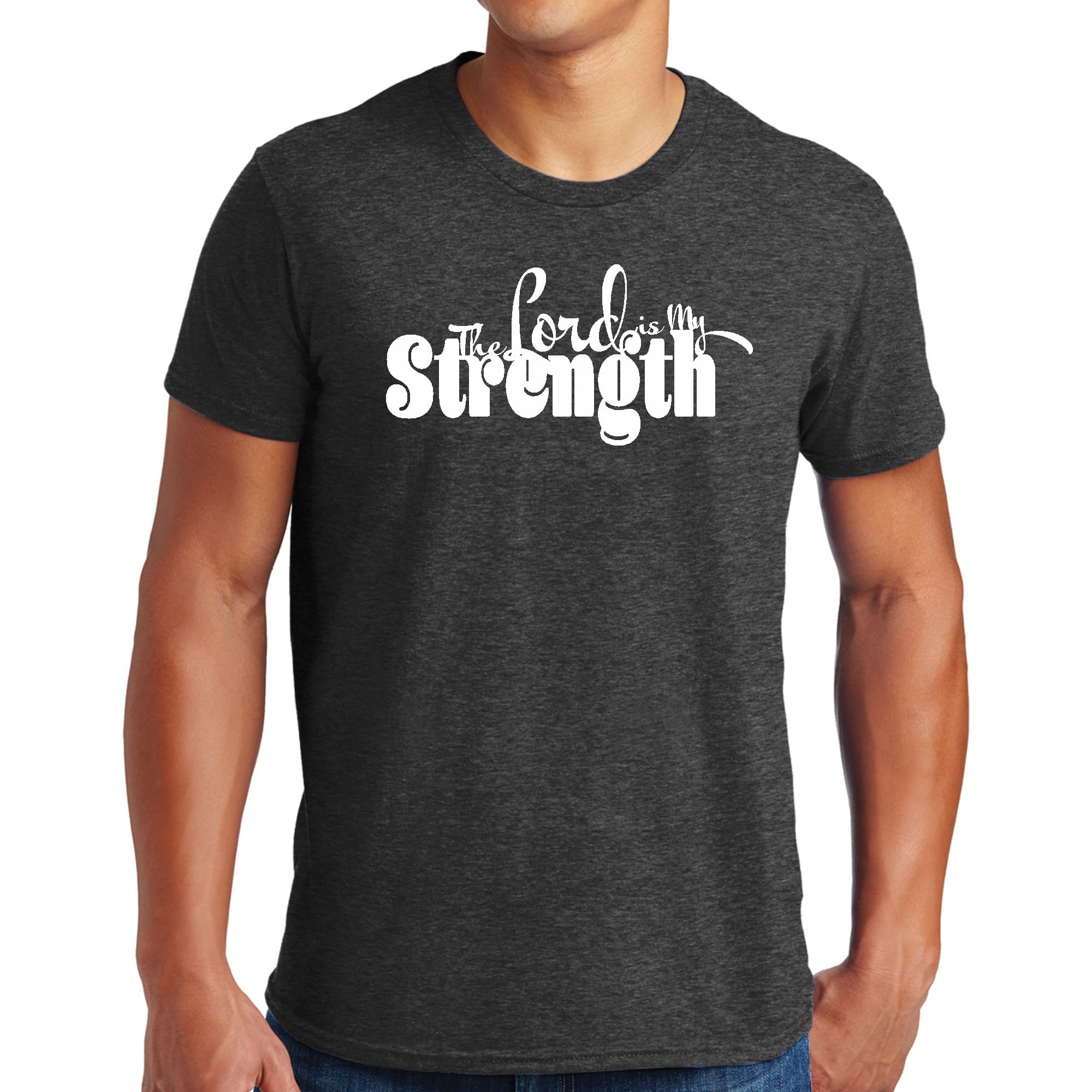 Men's Graphic T-shirt in black featuring 'The Lord is my Strength' print, made from soft preshrunk cotton with a classic fit.