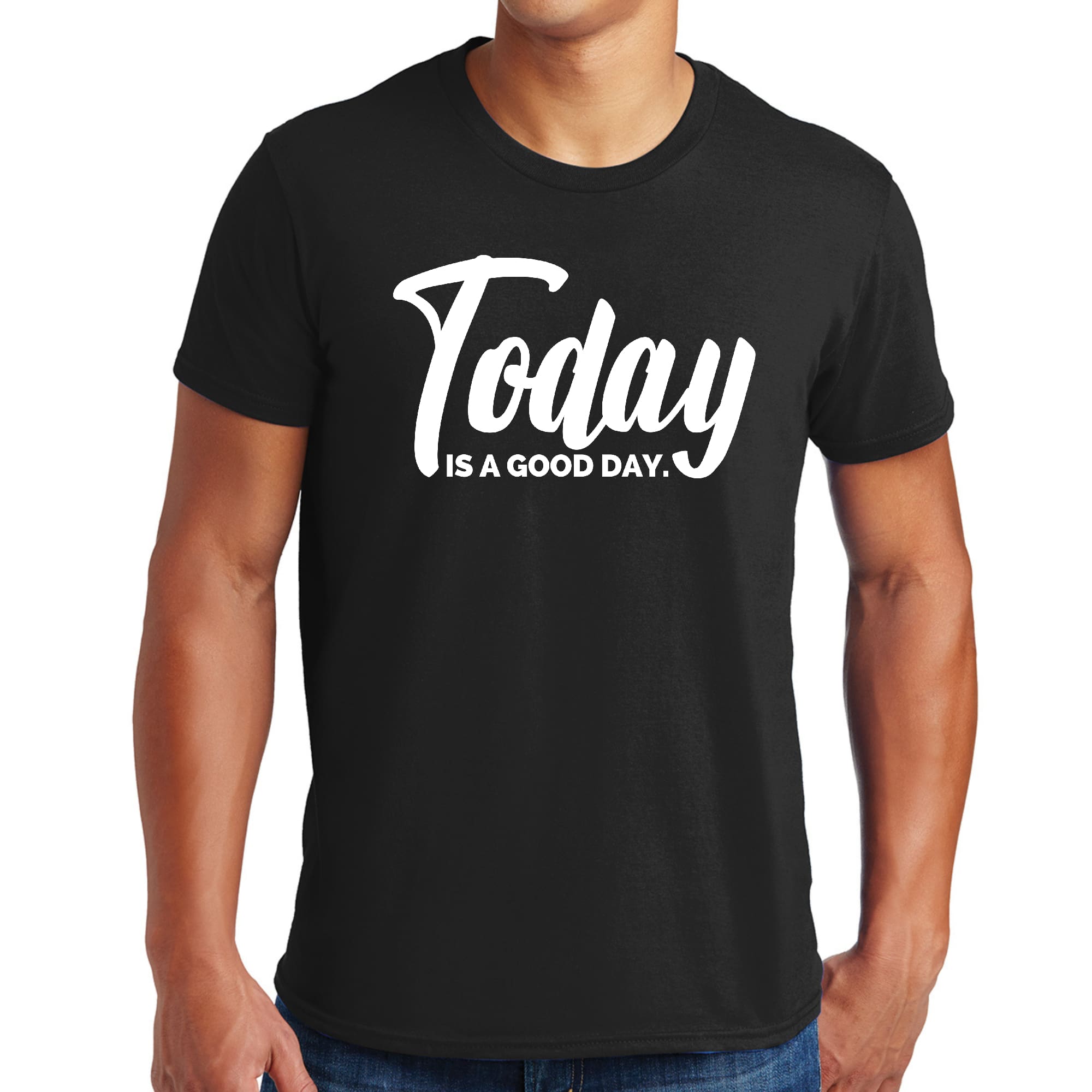 Men's Graphic T-shirt in black featuring the phrase 'Today is a Good Day', made from soft preshrunk cotton, available in sizes S-5XL.