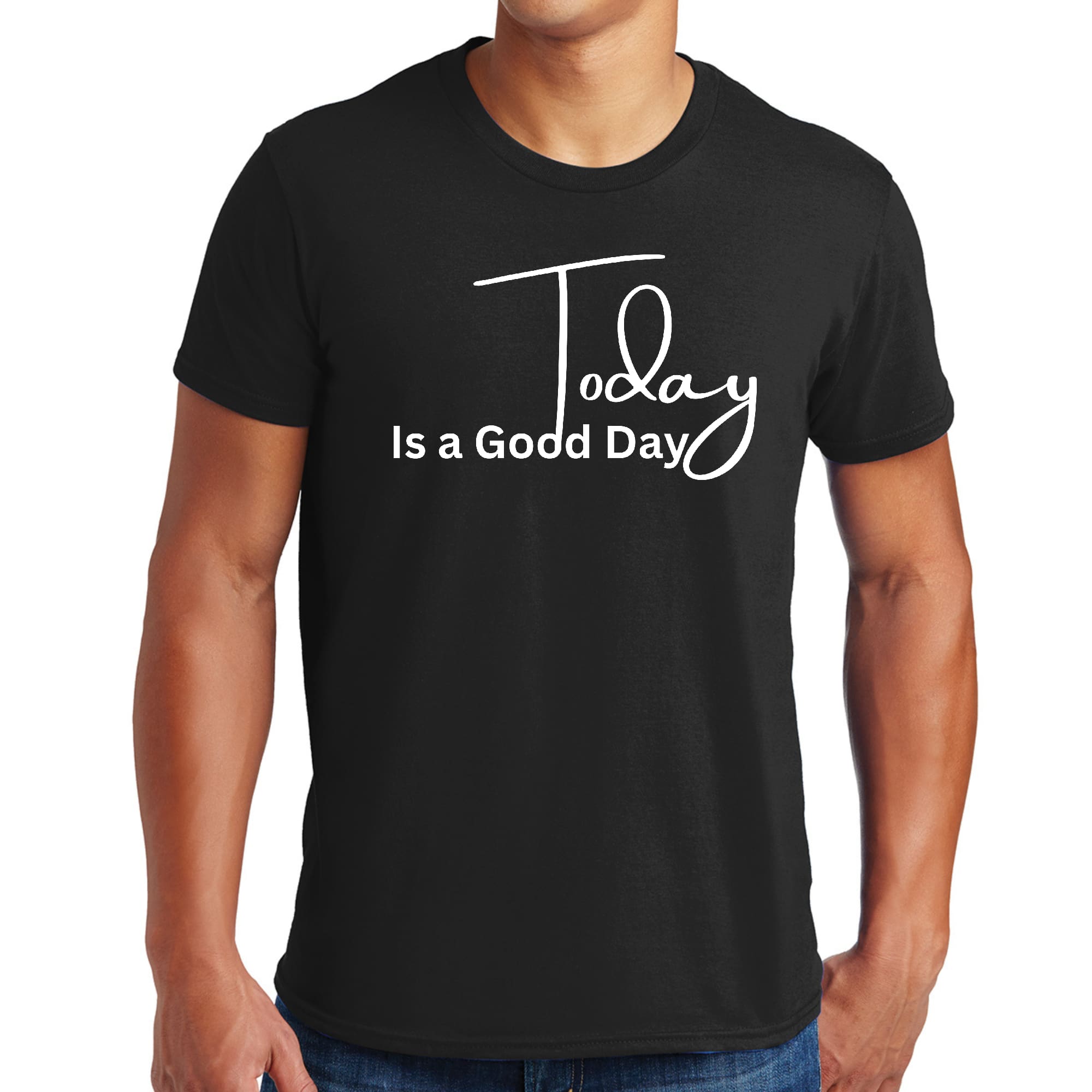 Men's Graphic T-shirt in black featuring the phrase 'Today is a Good Day', made from soft preshrunk cotton, available in sizes S-5XL.