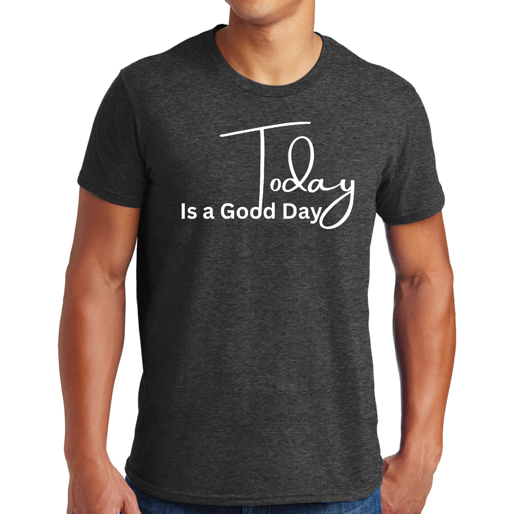 Men's Graphic T-shirt in black featuring the phrase 'Today is a Good Day', made from soft preshrunk cotton, available in sizes S-5XL.