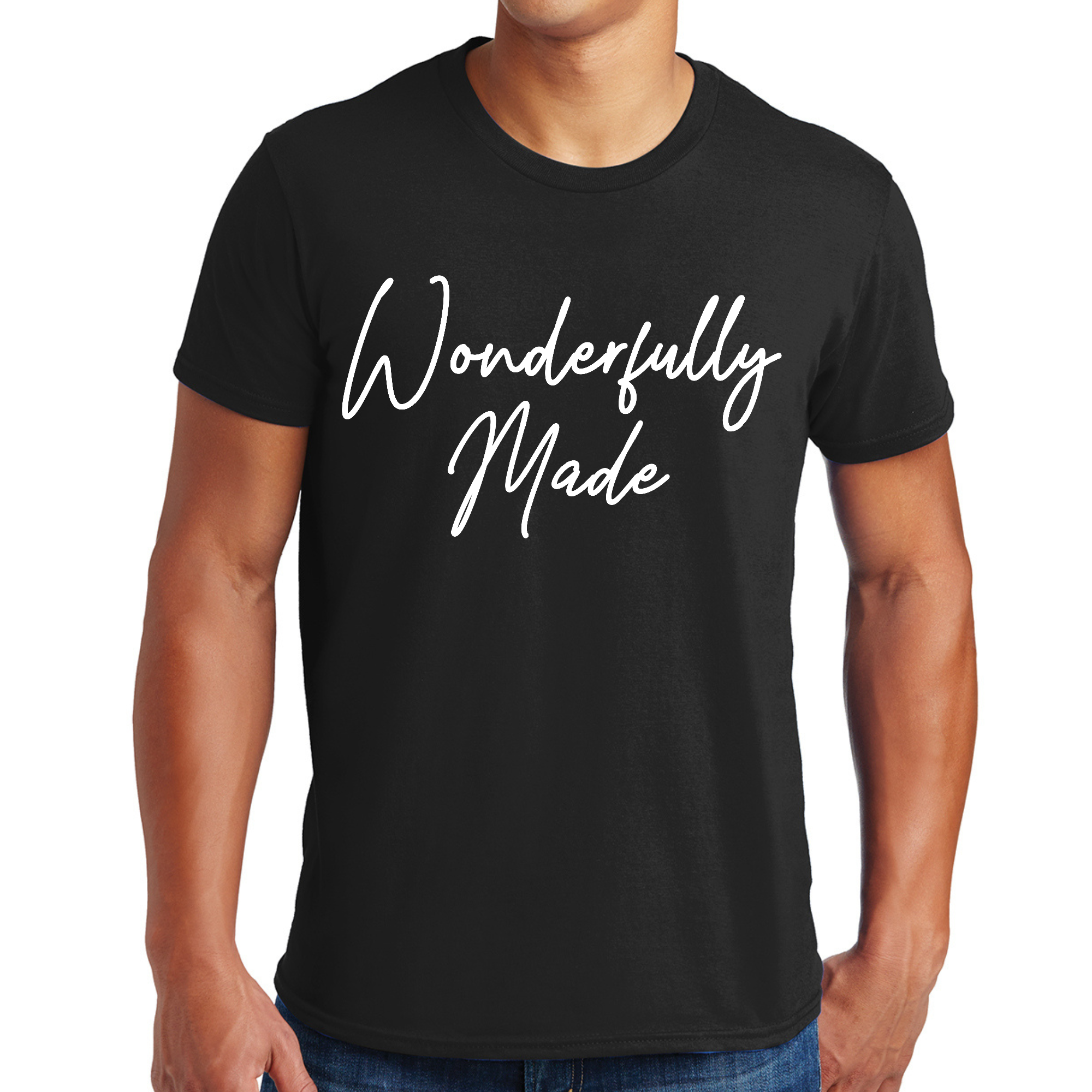 Mens Graphic T-shirt Wonderfully Made featuring a positive affirmation design, crafted from soft preshrunk cotton for comfort.