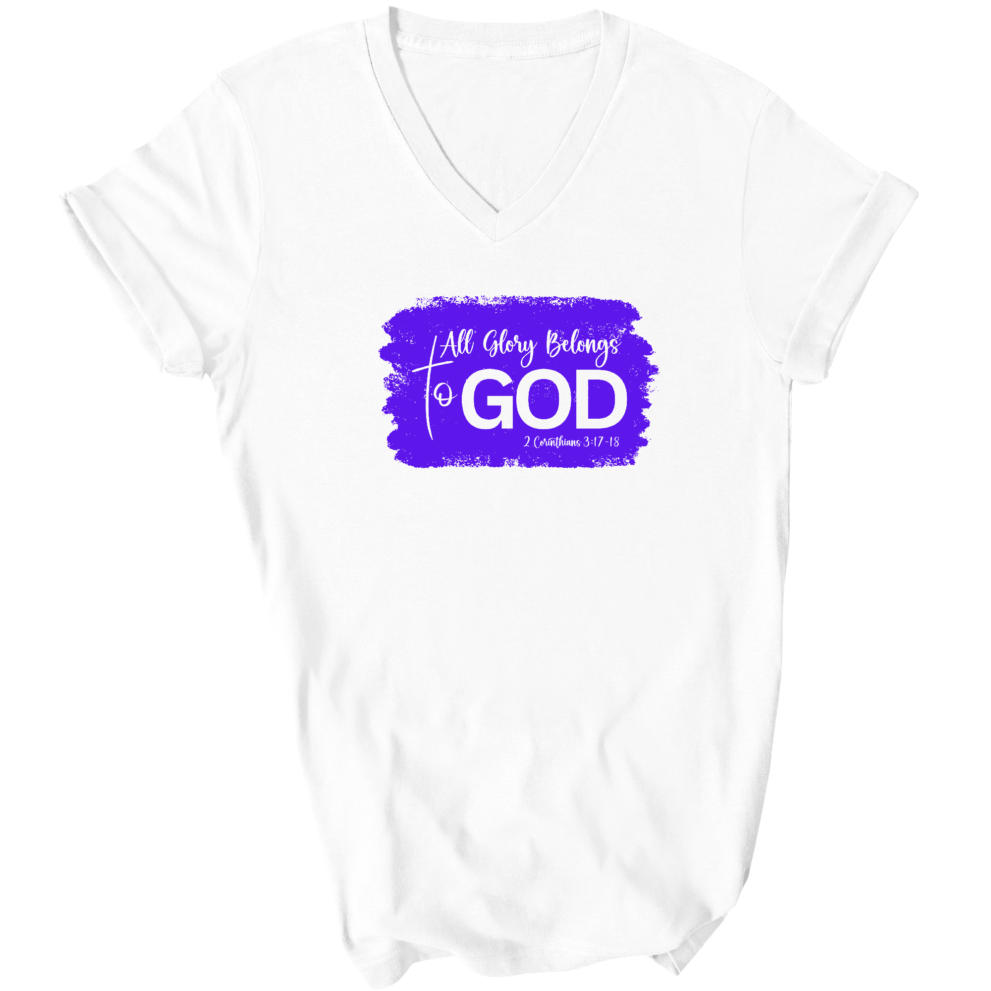 Men's Graphic V-neck T-shirt in purple with 'All Glory Belongs to God' illustration, showcasing a stylish and comfortable design.