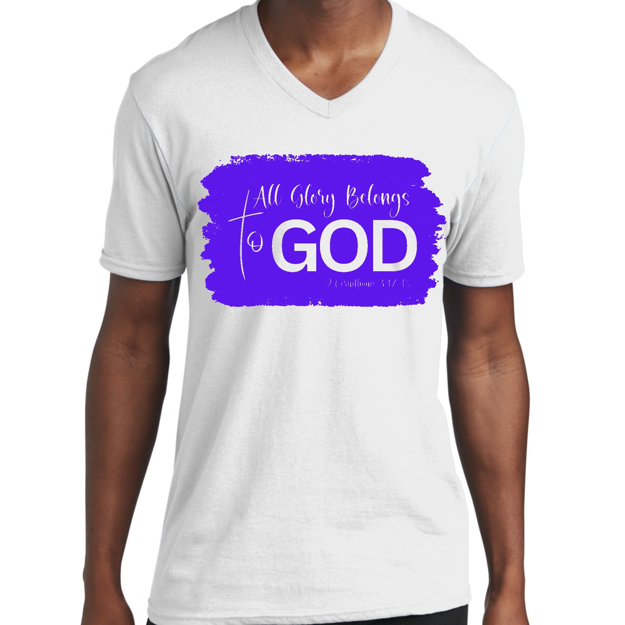 Men's Graphic V-neck T-shirt in purple with 'All Glory Belongs to God' illustration, showcasing a stylish and comfortable design.