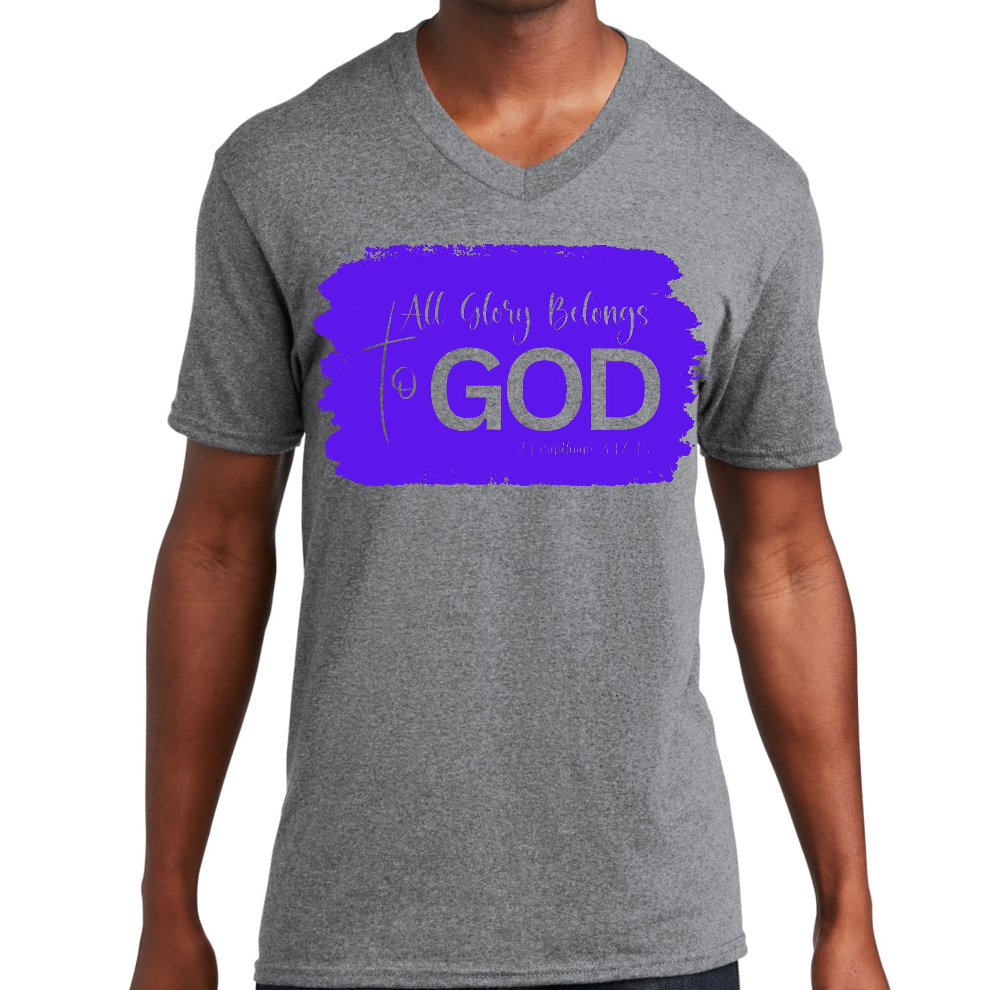 Men's Graphic V-neck T-shirt in purple with 'All Glory Belongs to God' illustration, showcasing a stylish and comfortable design.