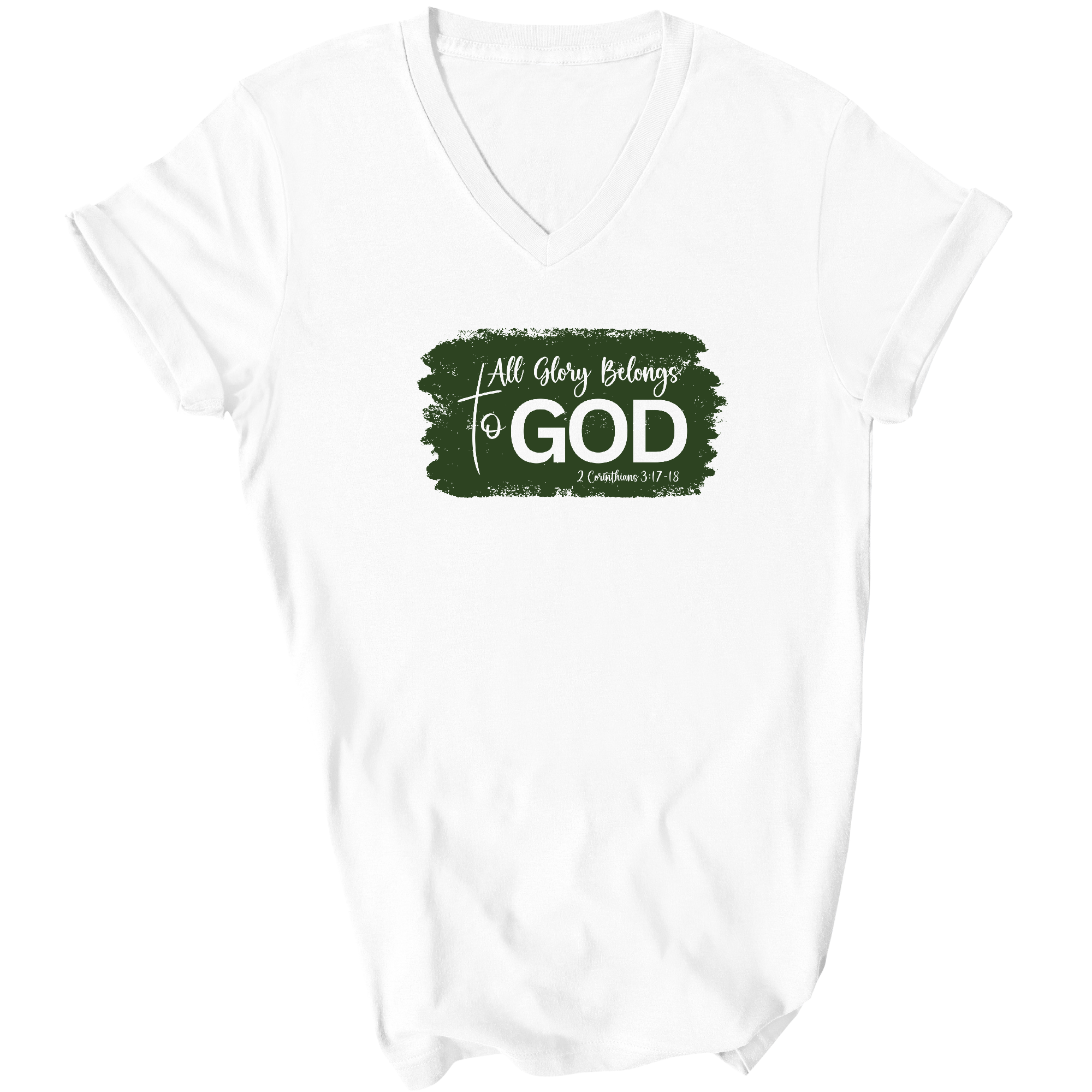 Men's dark green graphic V-neck t-shirt with 'All Glory Belongs to God' print, showcasing a modern and artistic design.