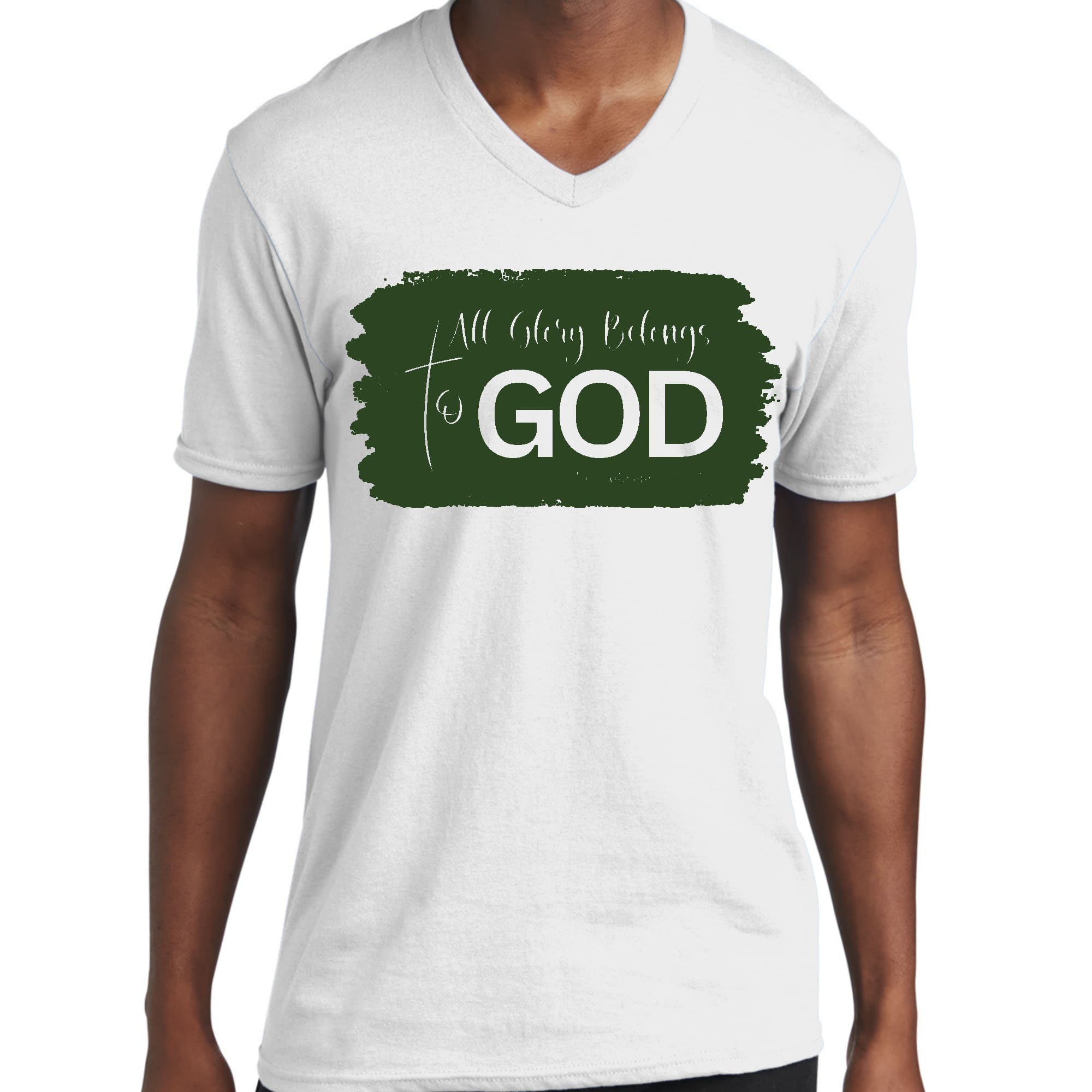 Men's dark green graphic V-neck t-shirt with 'All Glory Belongs to God' print, showcasing a modern and artistic design.