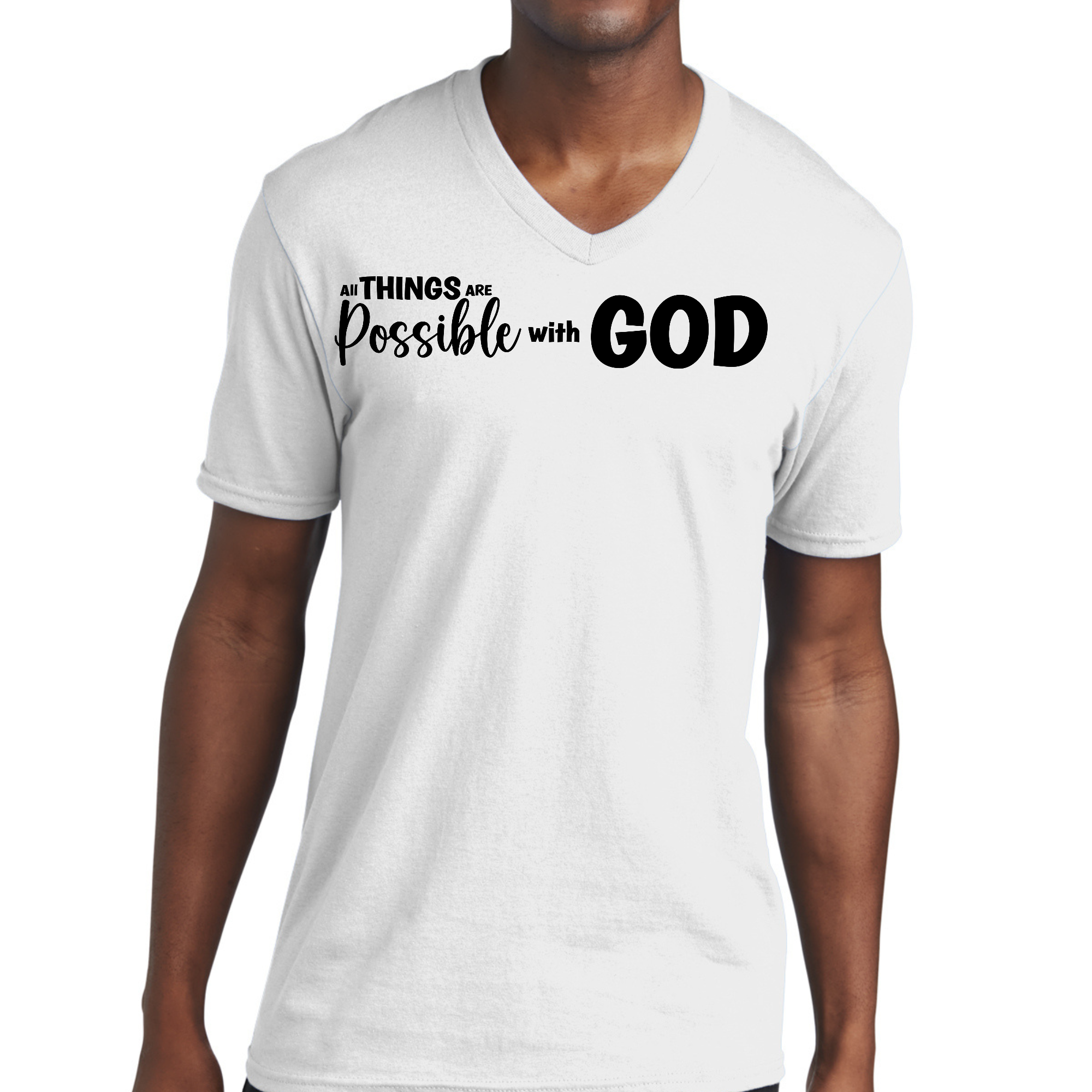 Men's black graphic V-neck T-shirt with 'All Things are Possible with God' printed on the front, showcasing a modern and inspirational design.