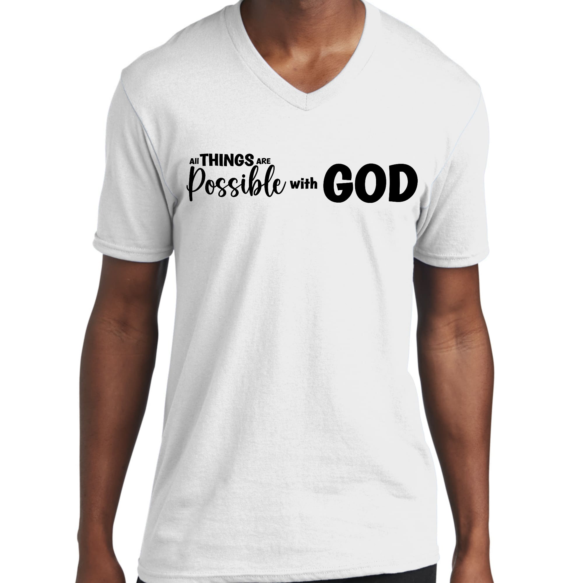 Men's black graphic V-neck T-shirt with 'All Things are Possible with God' printed on the front, showcasing a modern and inspirational design.