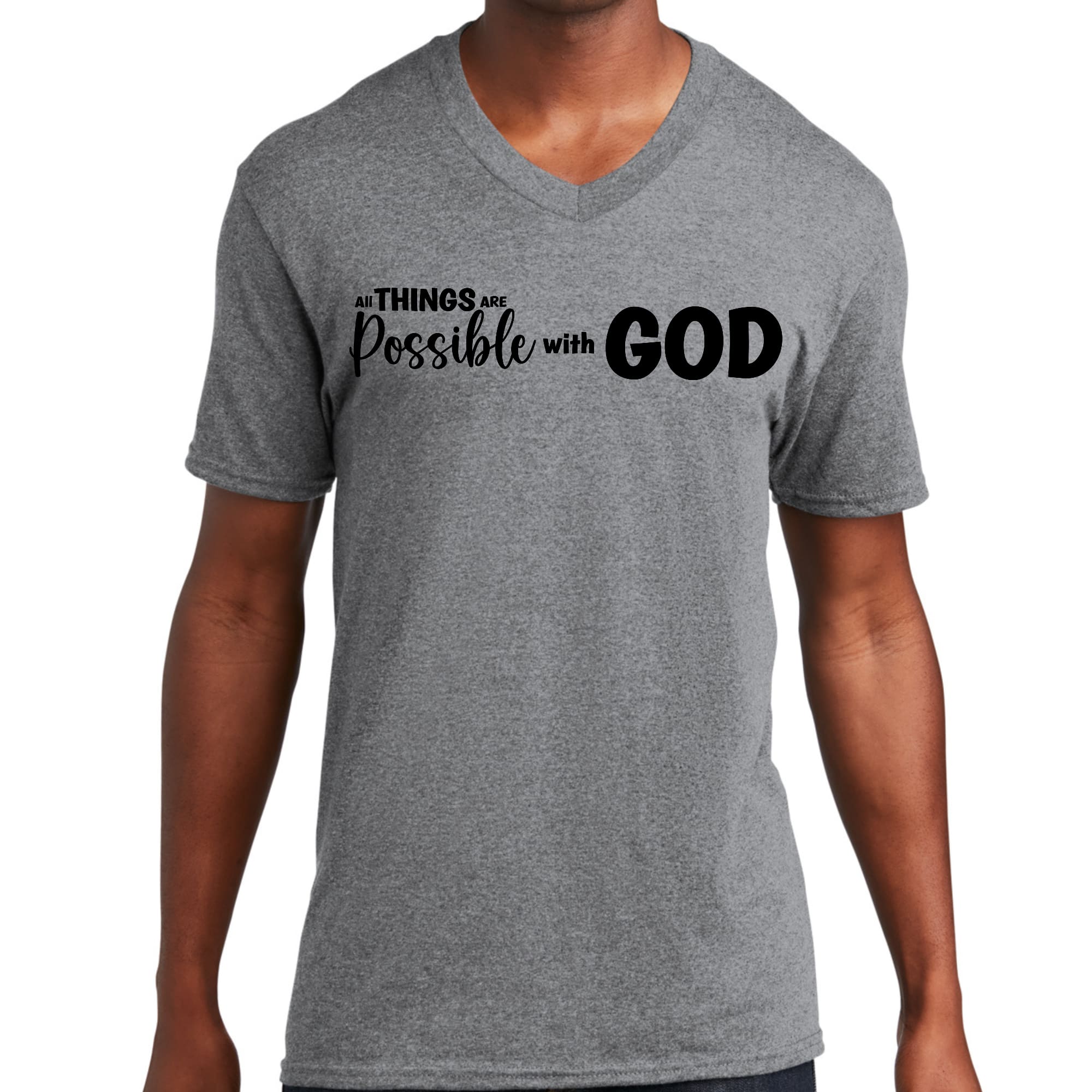 Men's black graphic V-neck T-shirt with 'All Things are Possible with God' printed on the front, showcasing a modern and inspirational design.