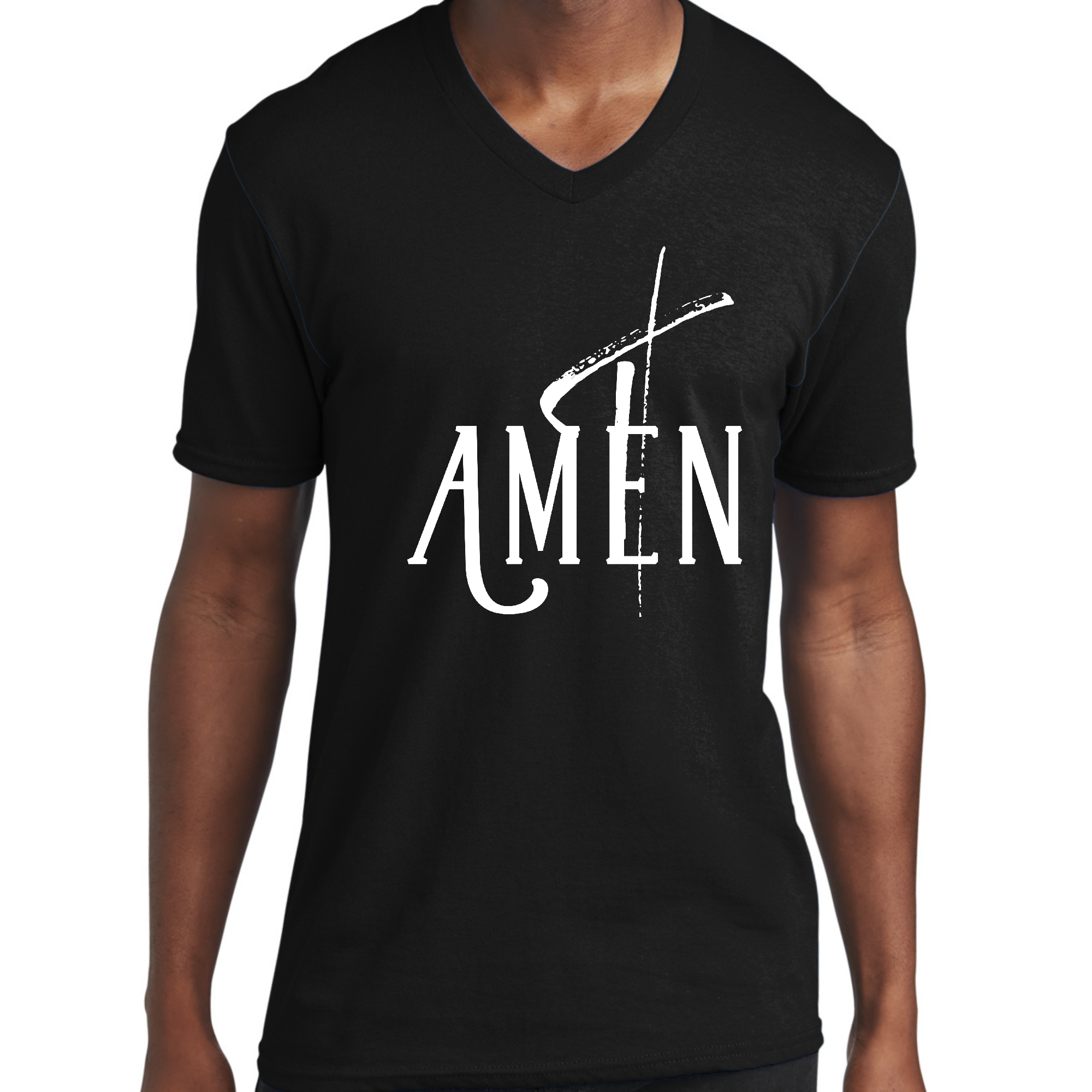 Men's Graphic V-neck T-shirt featuring a bold AMEN white print on soft cotton fabric, perfect for creative individuals.