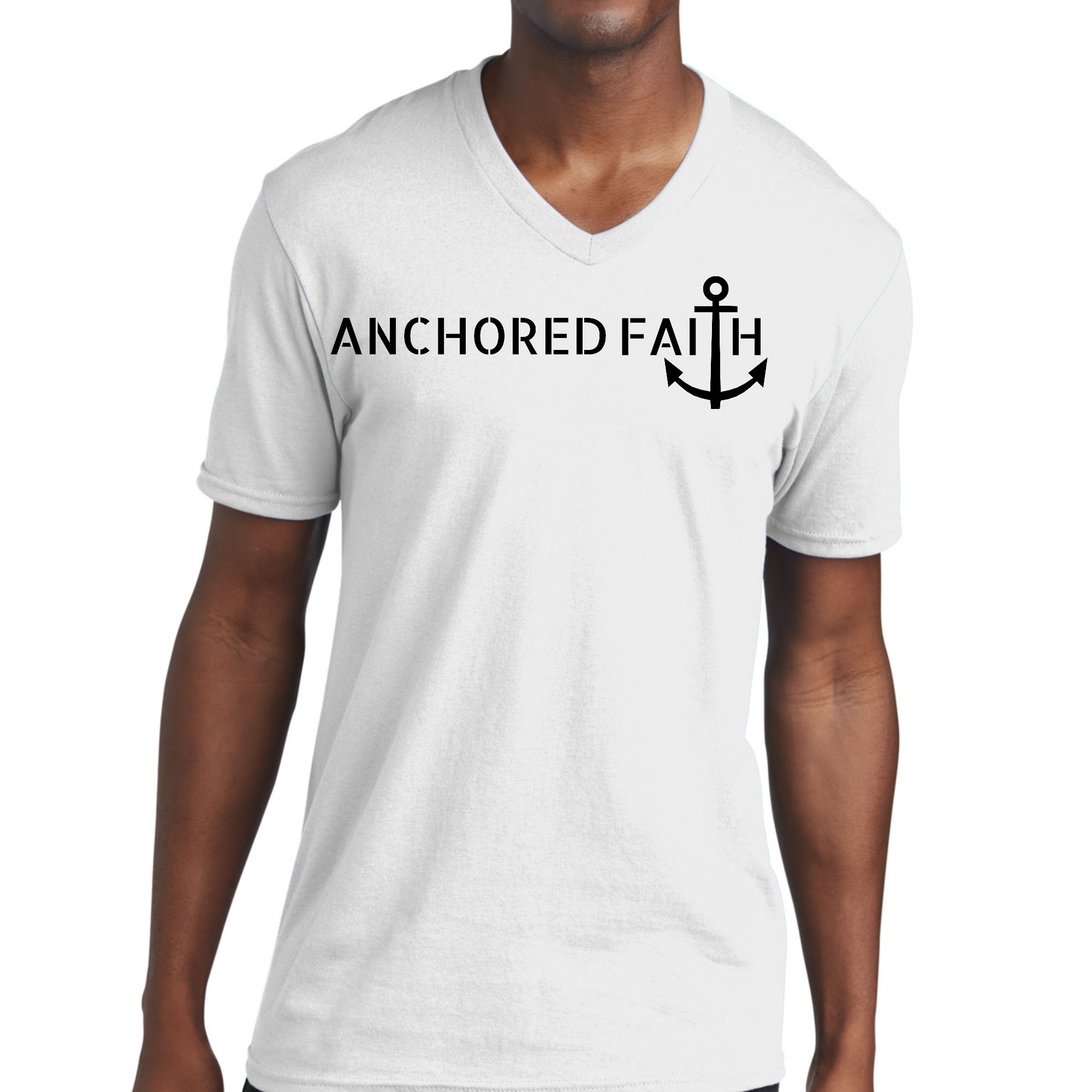 Mens Graphic V-neck T-shirt in black featuring Anchored Faith print, showcasing soft cotton fabric and stylish design.