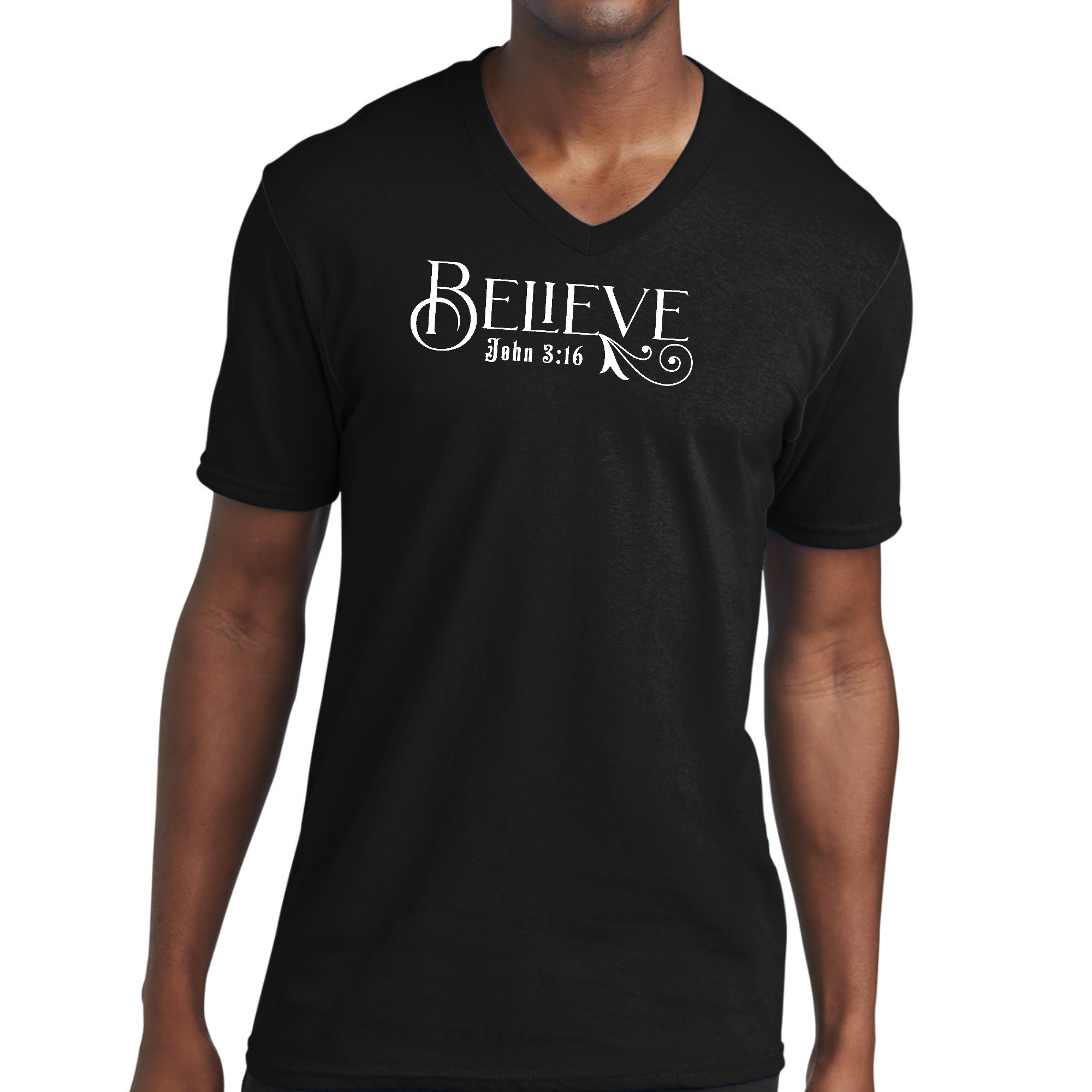 Men's Graphic V-neck T-shirt with Believe John 3:16 scripture print, showcasing a stylish design and soft fabric.