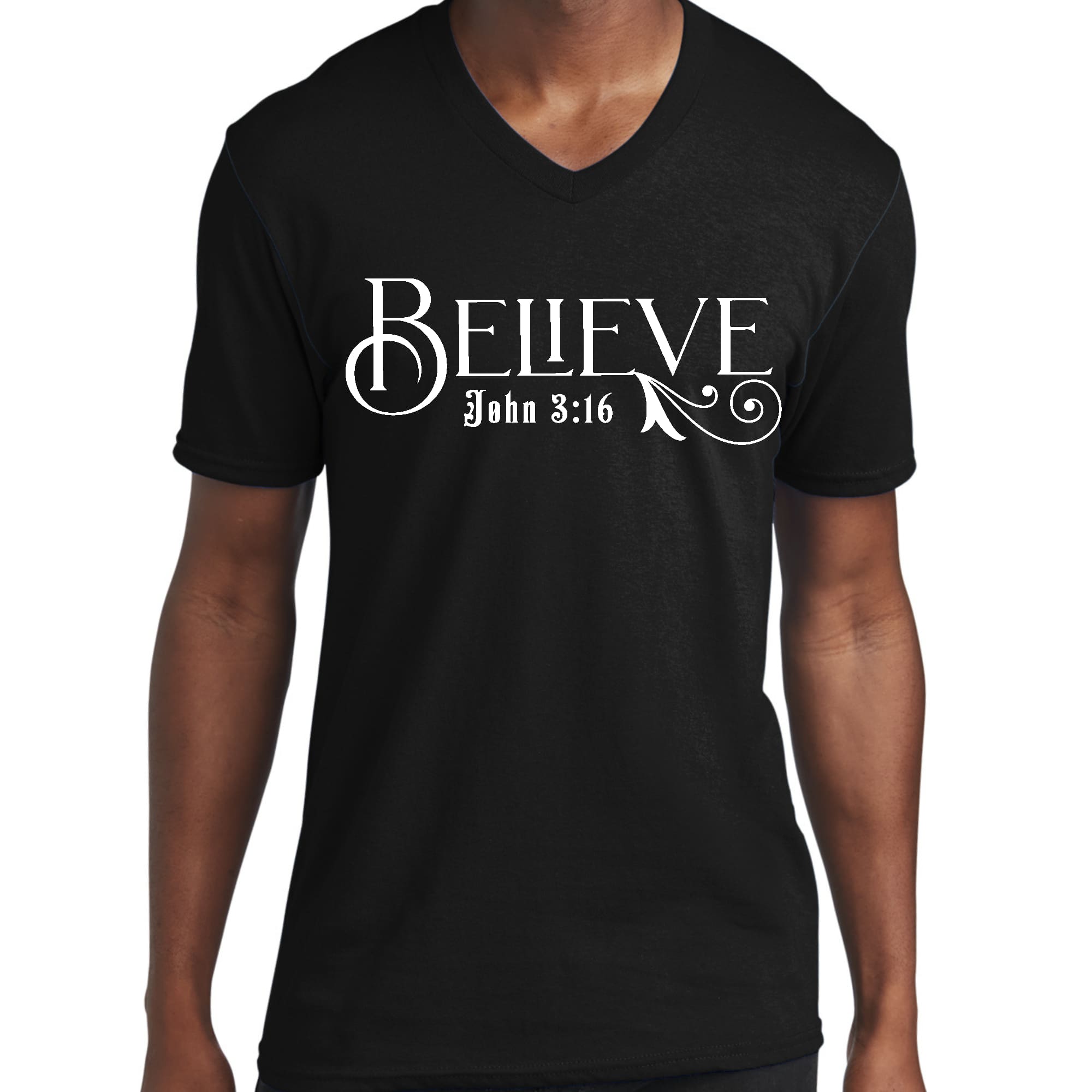 Men's Graphic V-neck T-shirt with Believe John 3:16 scripture print, showcasing a stylish design and soft fabric.