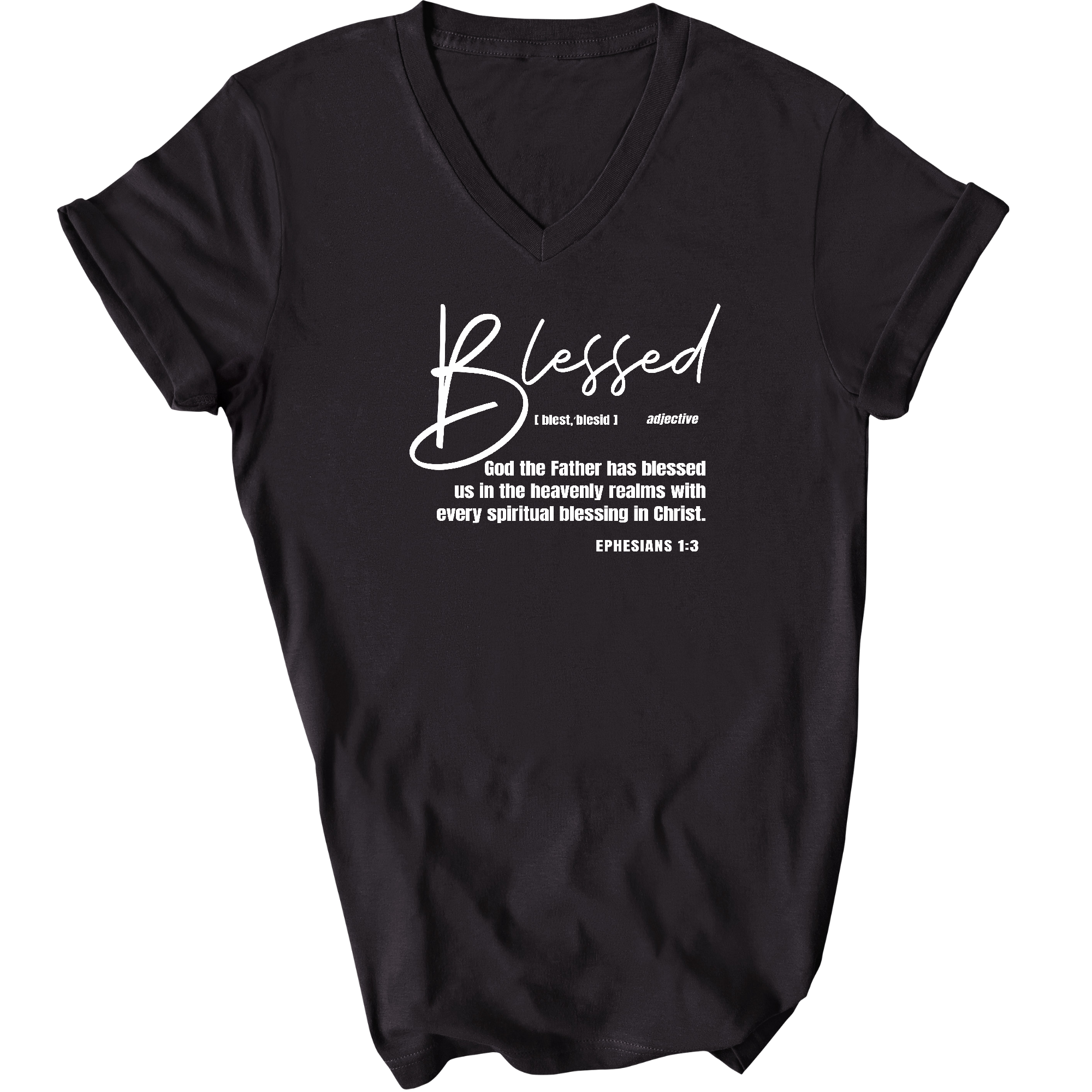 Men's Graphic V-neck T-shirt featuring a vibrant 'Blessed in Christ' design, crafted from soft cotton for comfort and style.