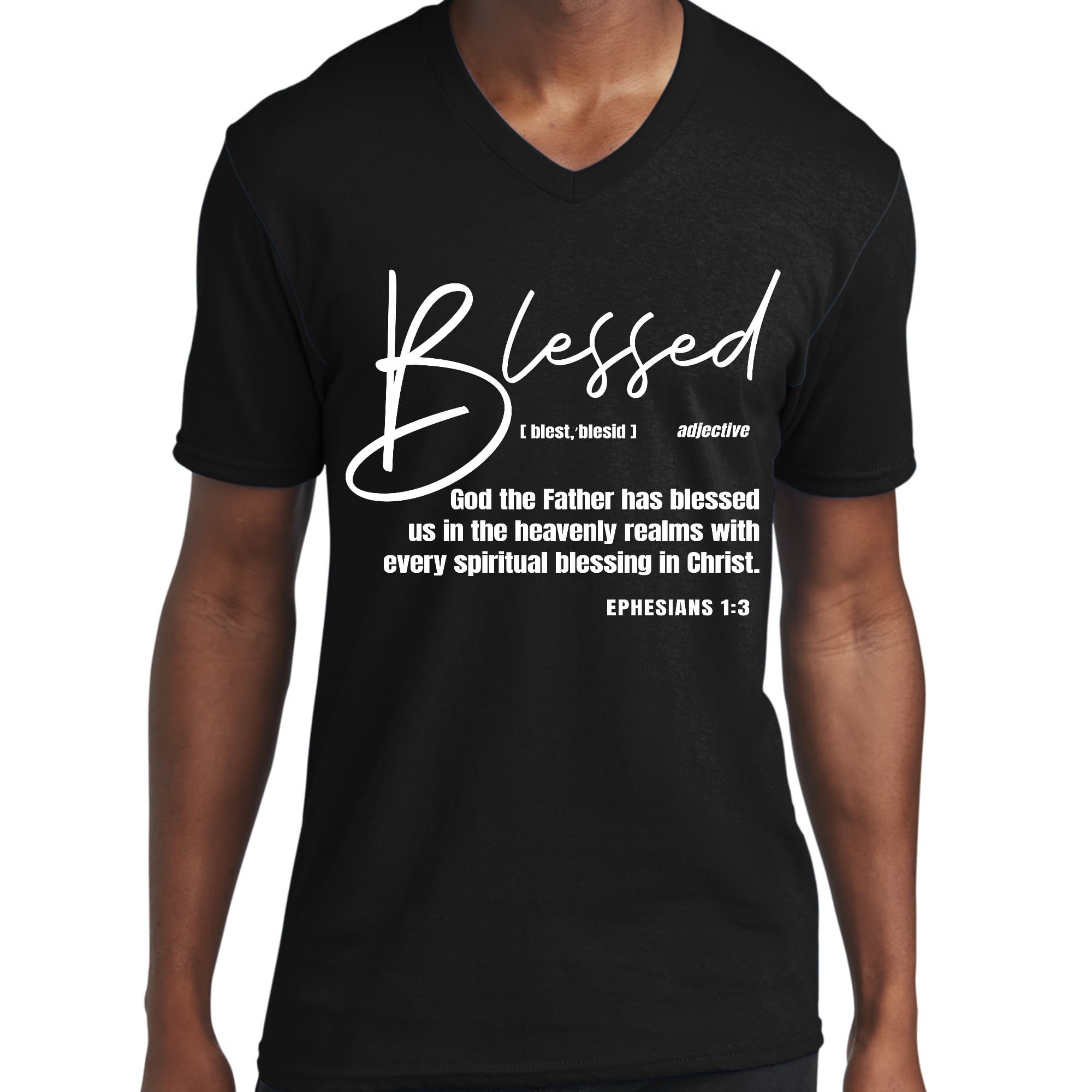 Men's Graphic V-neck T-shirt featuring a vibrant 'Blessed in Christ' design, crafted from soft cotton for comfort and style.